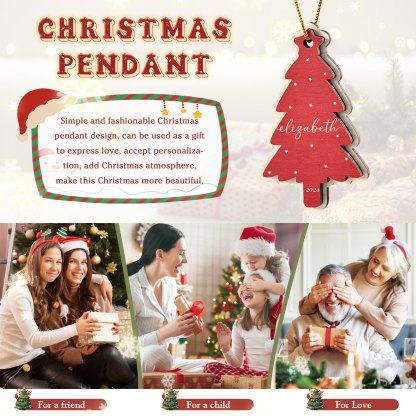 Holz Weihnachtsornament-Personalisierte 1-6 Namen & Jahr Rot & Braun Weihnachtsbaum Holzanhänger