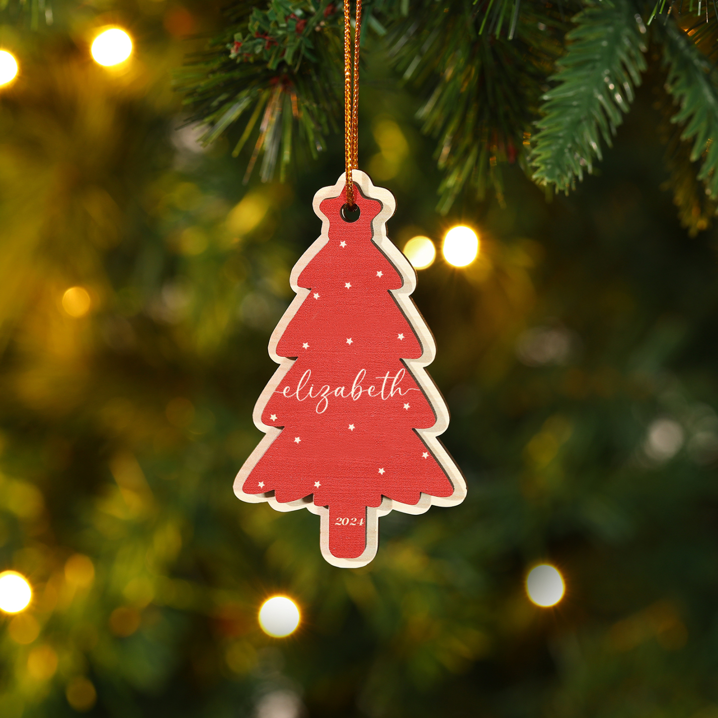 Holz Weihnachtsornament-Personalisierte 1-6 Namen & Jahr Rot & Braun Weihnachtsbaum Holzanhänger
