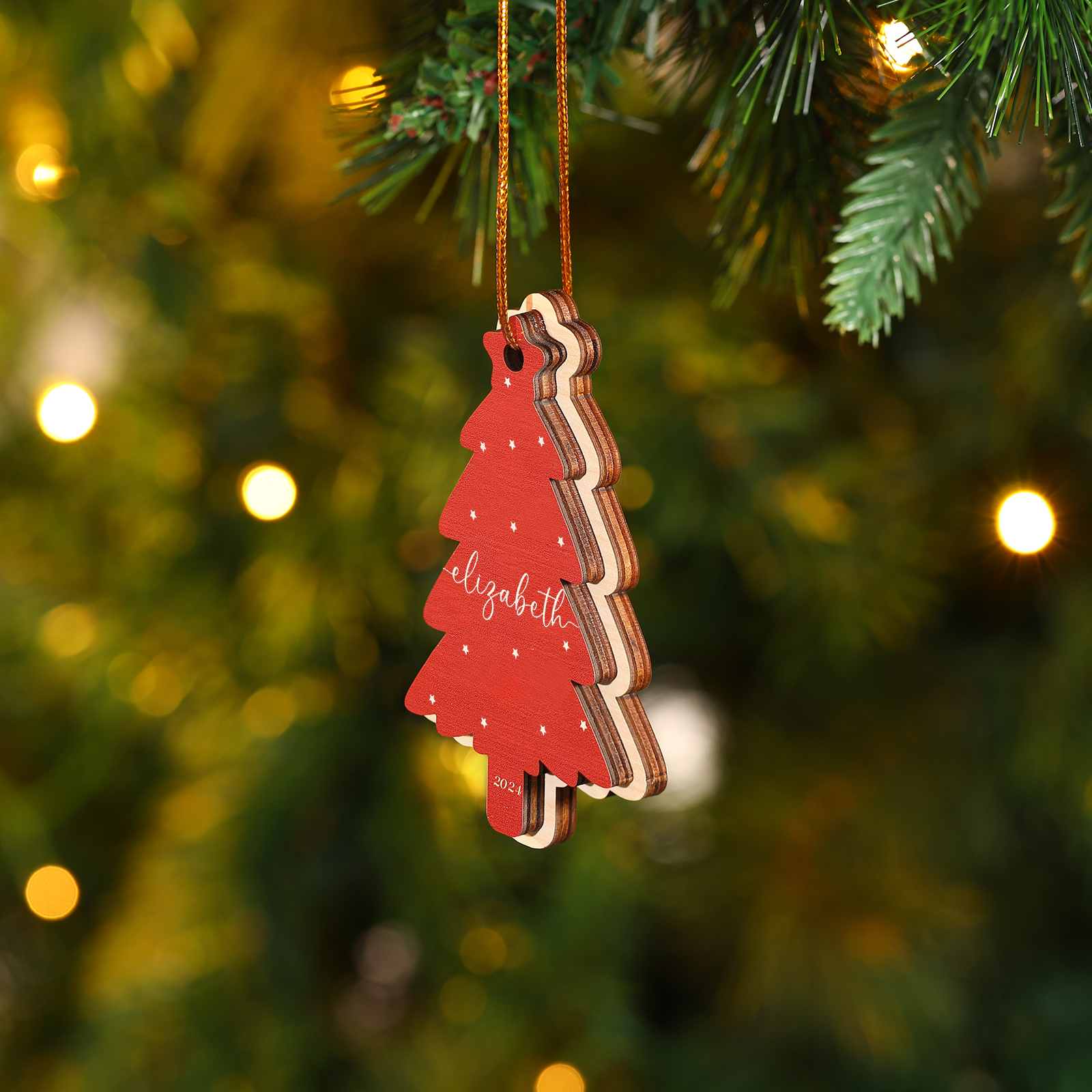 Holz Weihnachtsornament-Personalisierte 1-6 Namen & Jahr Rot & Braun Weihnachtsbaum Holzanhänger