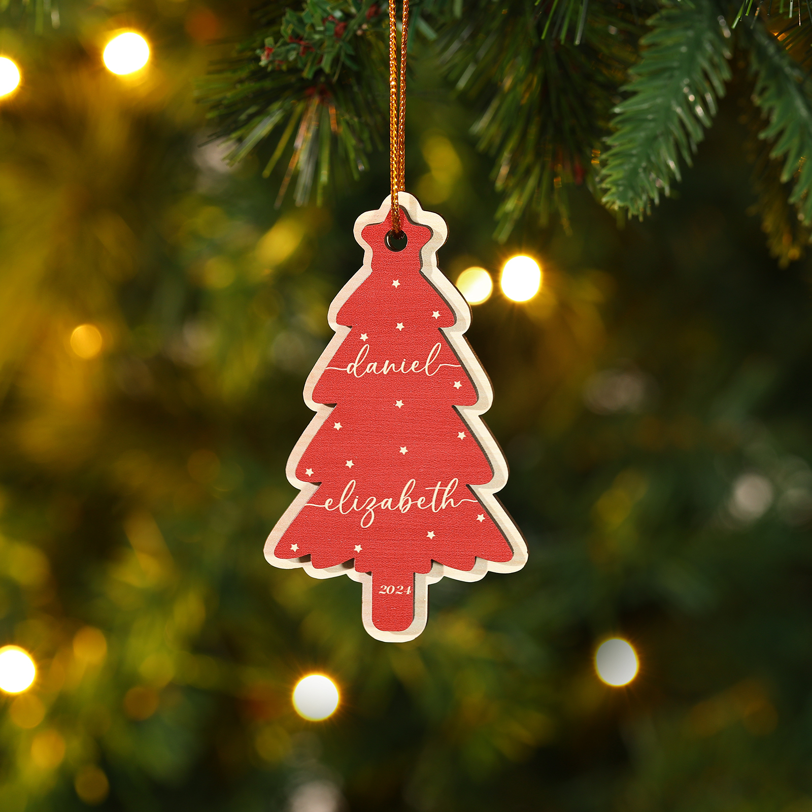 Holz Weihnachtsornament-Personalisierte 1-6 Namen & Jahr Rot & Braun Weihnachtsbaum Holzanhänger