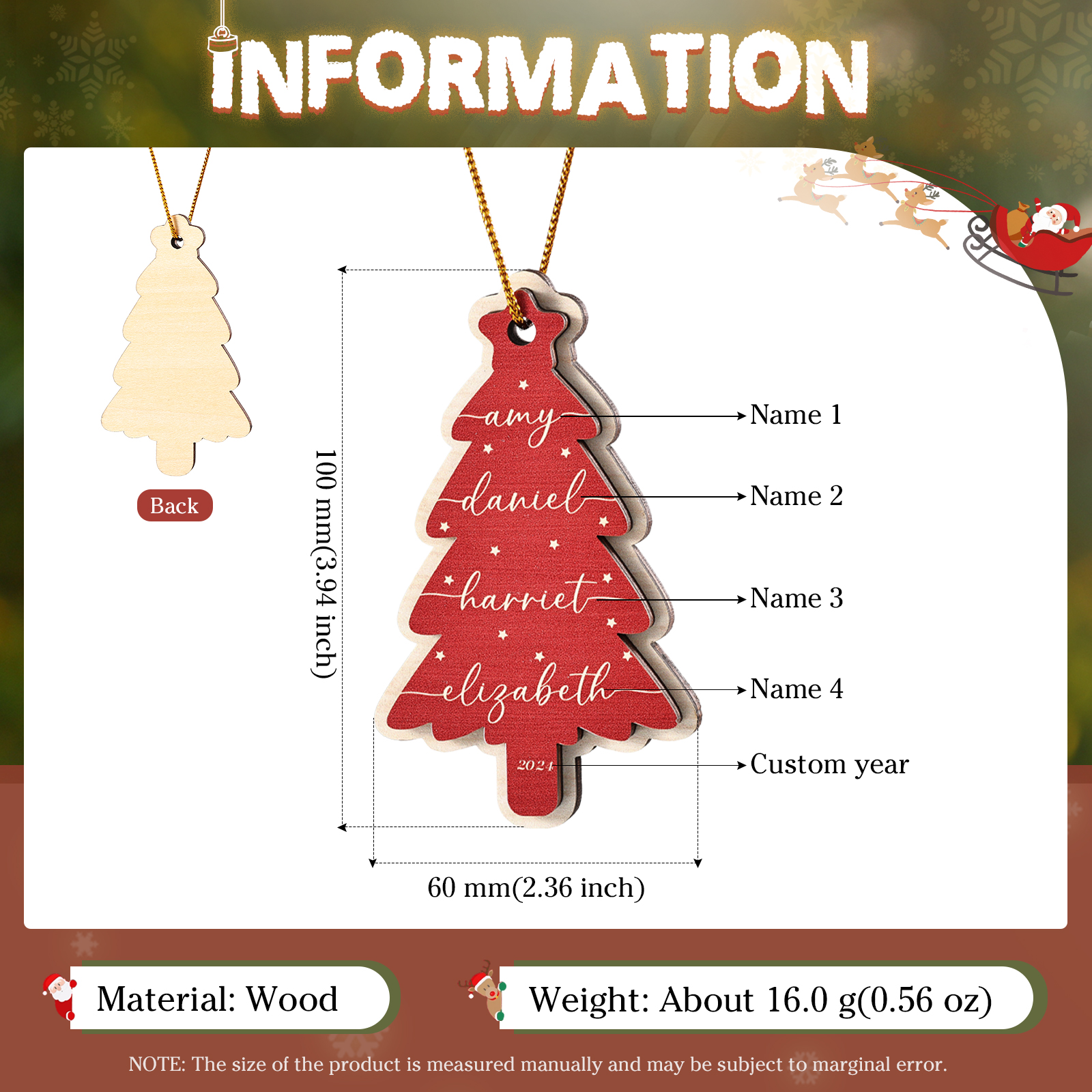 Holz Weihnachtsornament-Personalisierte 1-6 Namen & Jahr Rot & Braun Weihnachtsbaum Holzanhänger