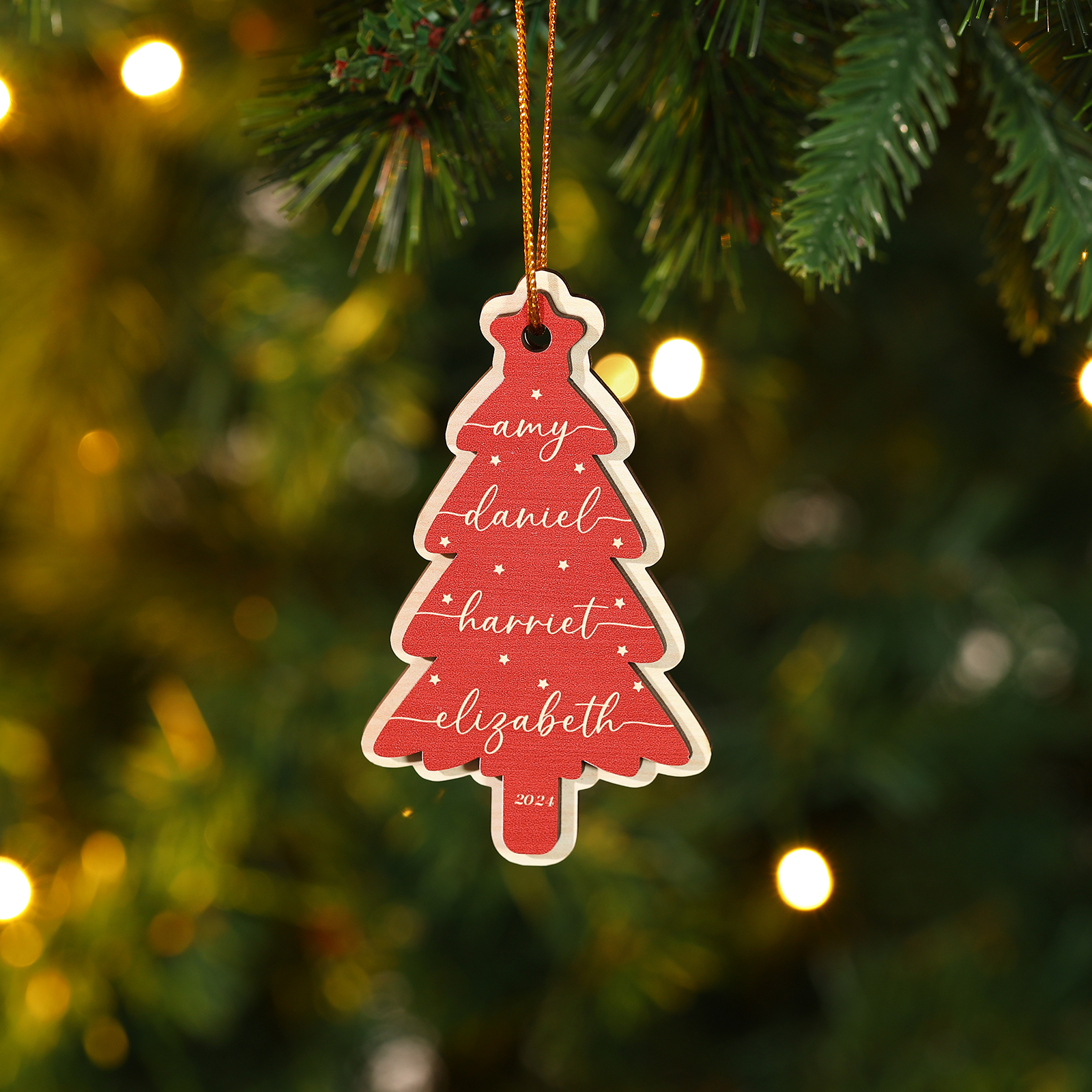 Holz Weihnachtsornament-Personalisierte 1-6 Namen & Jahr Rot & Braun Weihnachtsbaum Holzanhänger