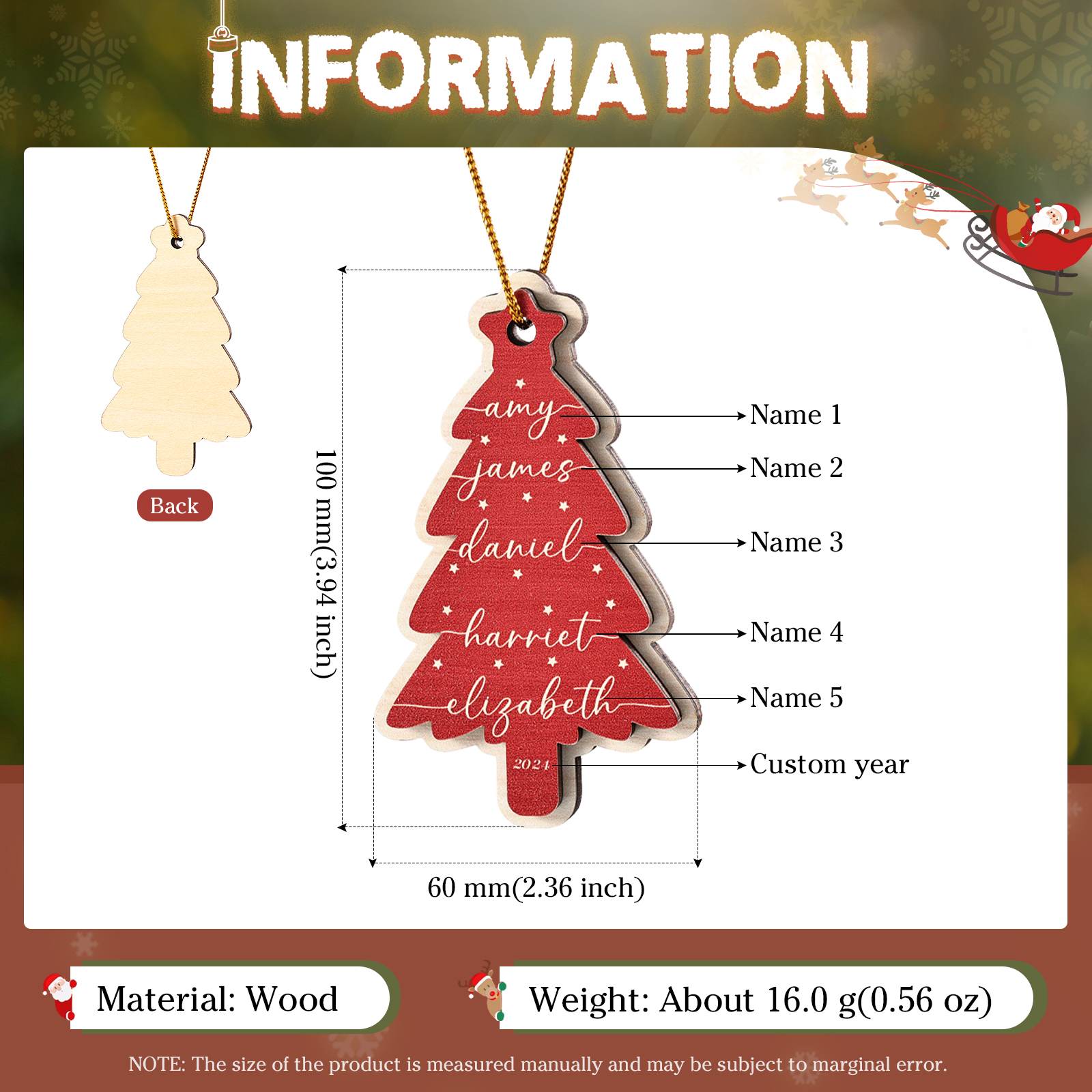 Holz Weihnachtsornament-Personalisierte 1-6 Namen & Jahr Rot & Braun Weihnachtsbaum Holzanhänger