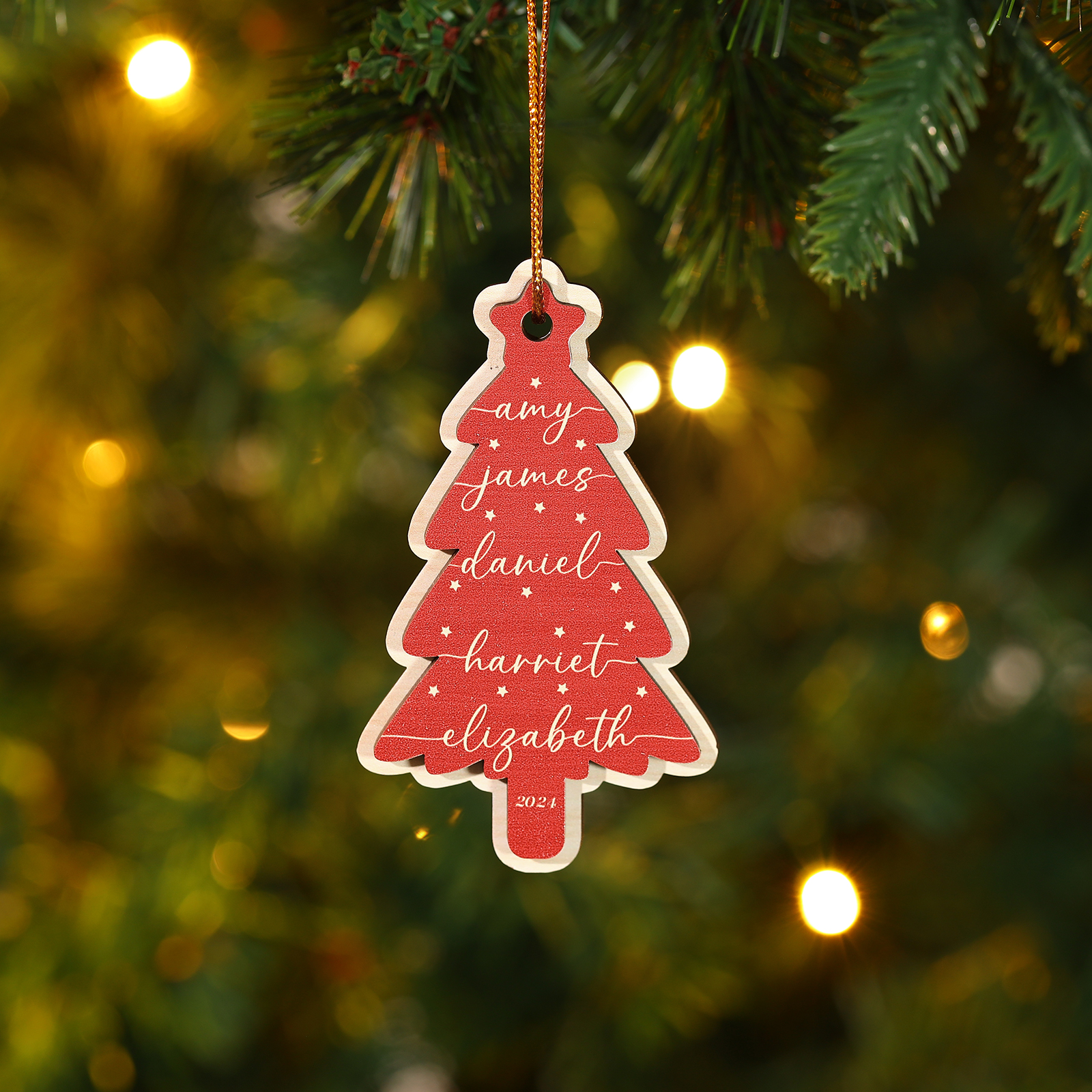 Holz Weihnachtsornament-Personalisierte 1-6 Namen & Jahr Rot & Braun Weihnachtsbaum Holzanhänger