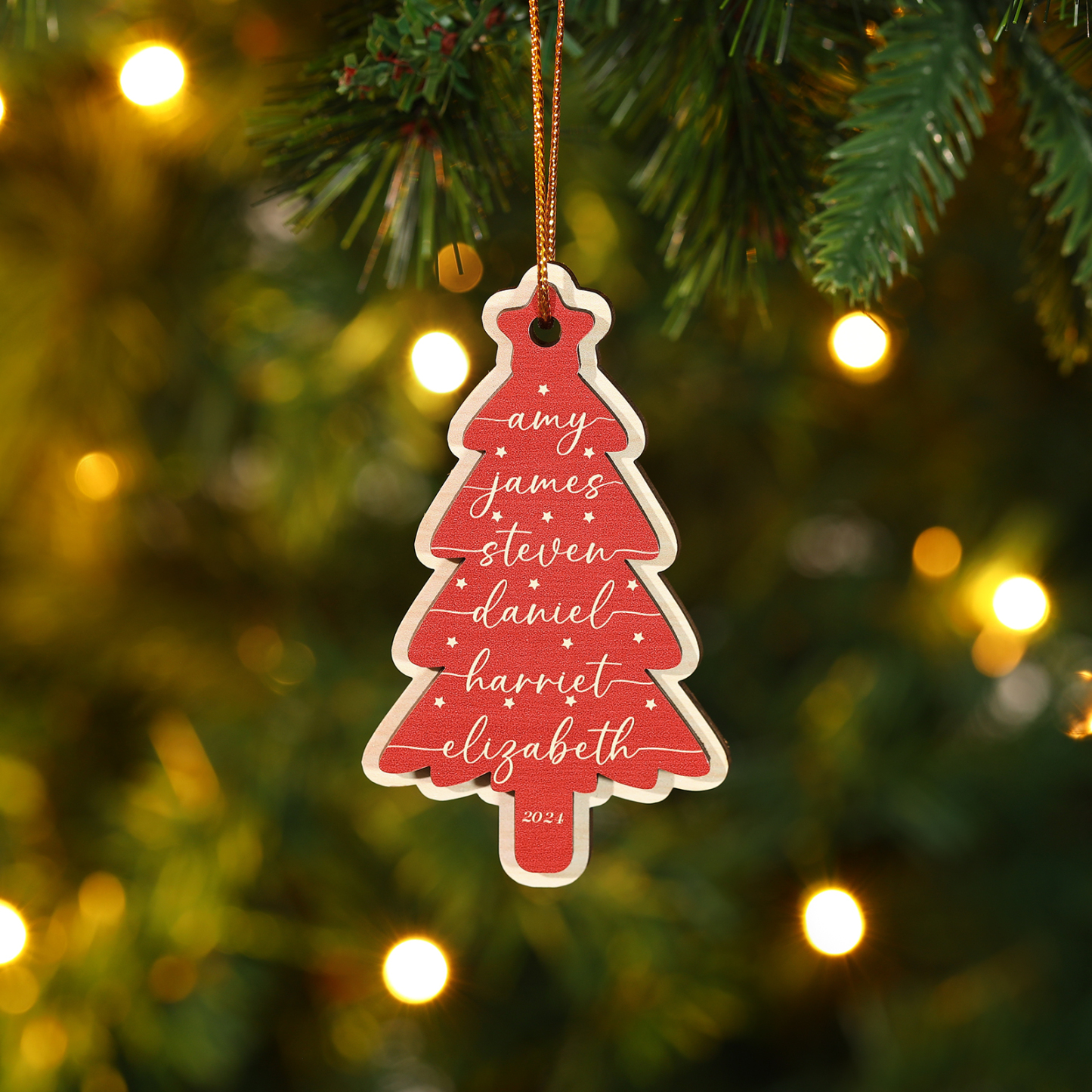 Holz Weihnachtsornament-Personalisierte 1-6 Namen & Jahr Rot & Braun Weihnachtsbaum Holzanhänger