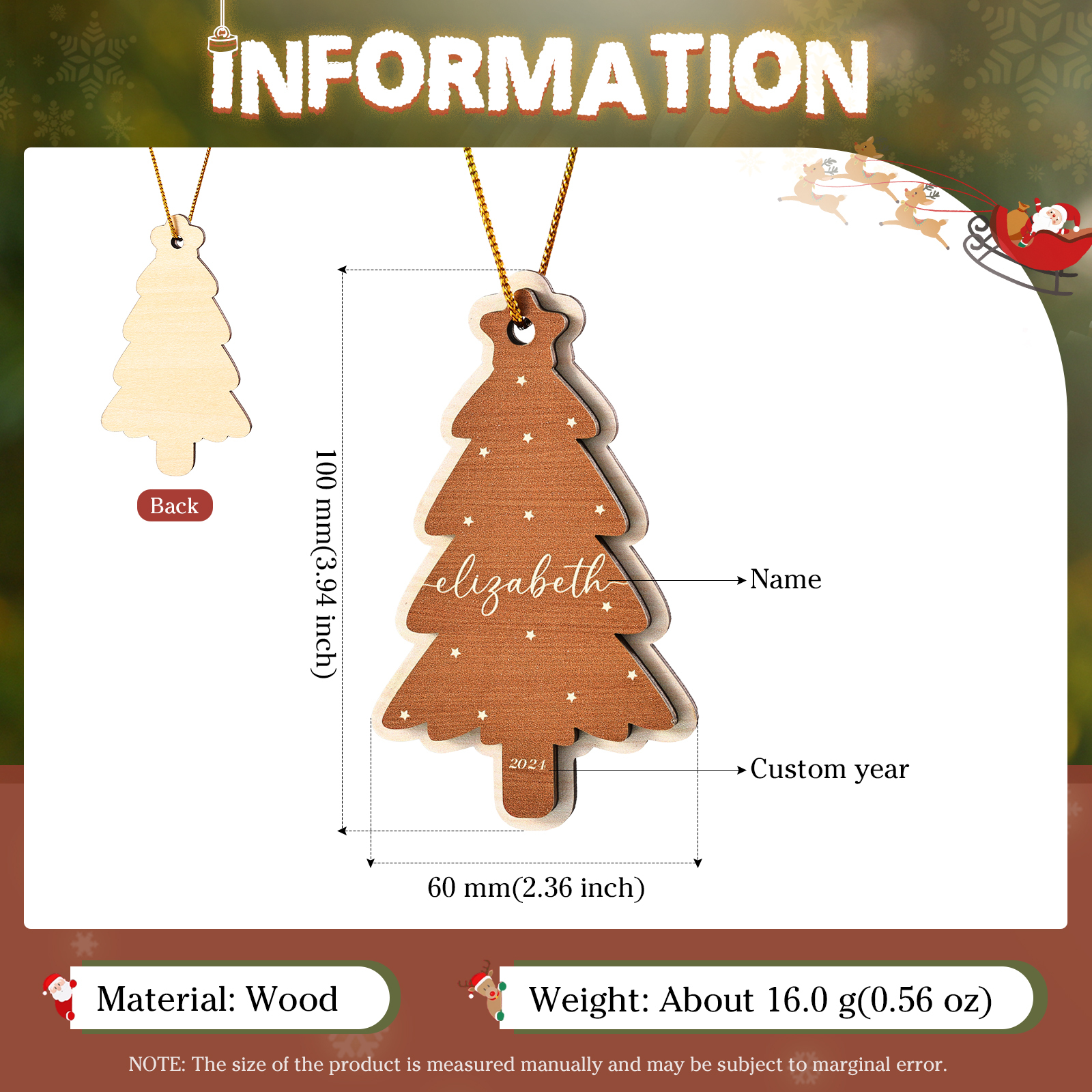 Holz Weihnachtsornament-Personalisierte 1-6 Namen & Jahr Rot & Braun Weihnachtsbaum Holzanhänger