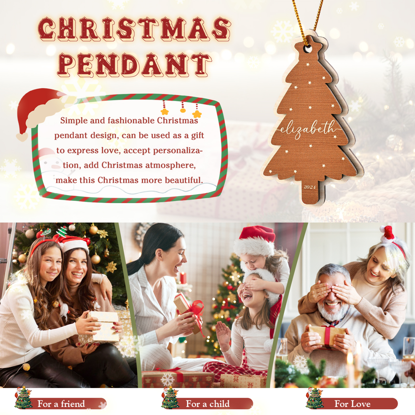 Holz Weihnachtsornament-Personalisierte 1-6 Namen & Jahr Rot & Braun Weihnachtsbaum Holzanhänger