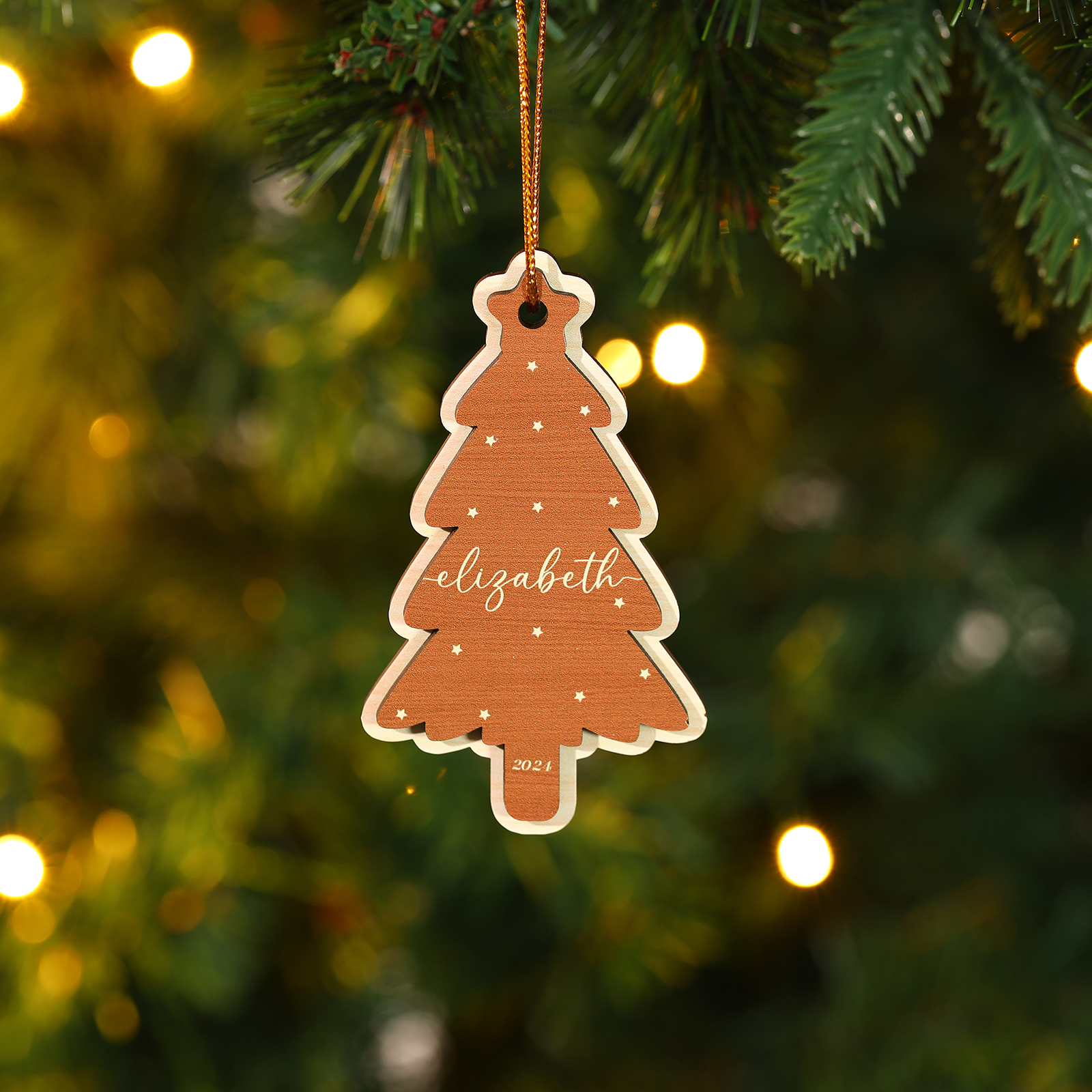 Holz Weihnachtsornament-Personalisierte 1-6 Namen & Jahr Rot & Braun Weihnachtsbaum Holzanhänger