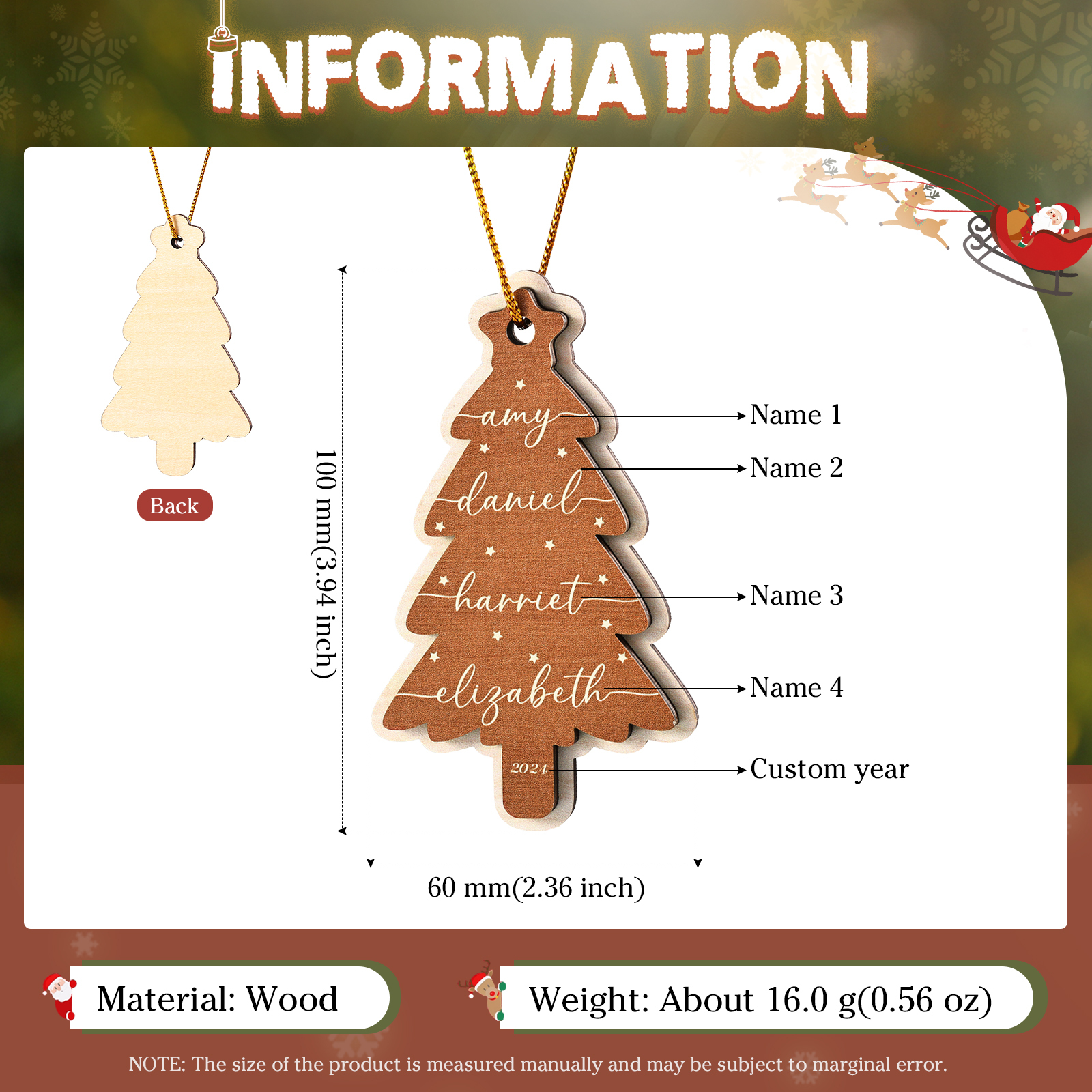 Holz Weihnachtsornament-Personalisierte 1-6 Namen & Jahr Rot & Braun Weihnachtsbaum Holzanhänger