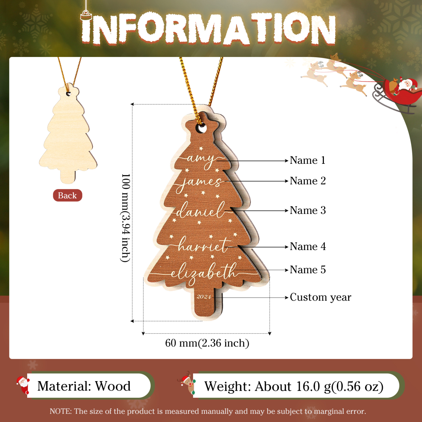 Holz Weihnachtsornament-Personalisierte 1-6 Namen & Jahr Rot & Braun Weihnachtsbaum Holzanhänger