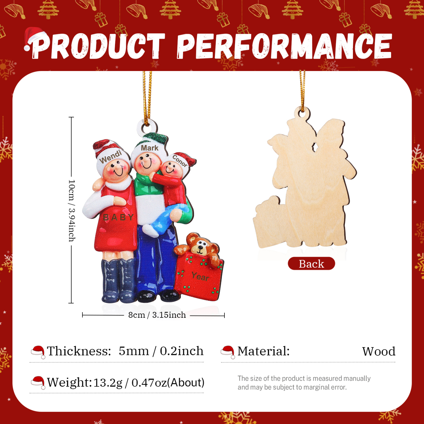 Holz Personalisierter 3 Namen Papa & Mama & Baby Weihnachtsornament – Familie Weihnachtsbaum-Holzanhänger
