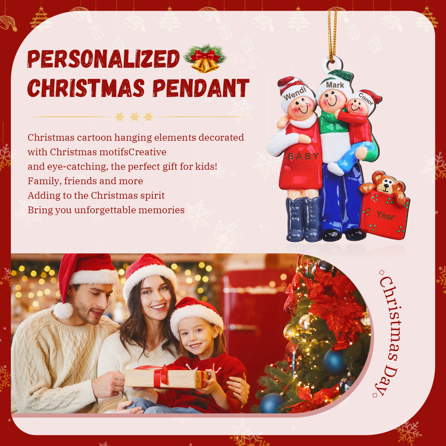Holz Personalisierter 3 Namen Papa & Mama & Baby Weihnachtsornament – Familie Weihnachtsbaum-Holzanhänger