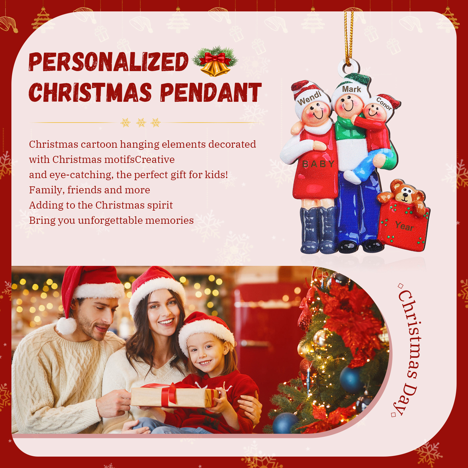 Holz Personalisierter 3 Namen Papa & Mama & Baby Weihnachtsornament – Familie Weihnachtsbaum-Holzanhänger
