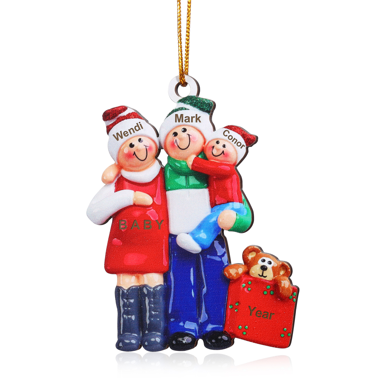 Holz Personalisierter 3 Namen Papa & Mama & Baby Weihnachtsornament – Familie Weihnachtsbaum-Holzanhänger