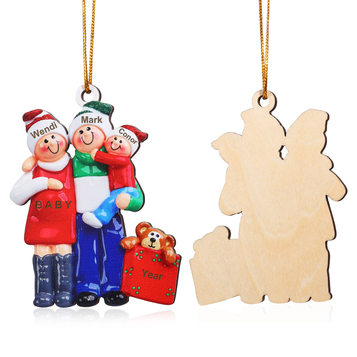 Holz Personalisierter 3 Namen Papa & Mama & Baby Weihnachtsornament – Familie Weihnachtsbaum-Holzanhänger