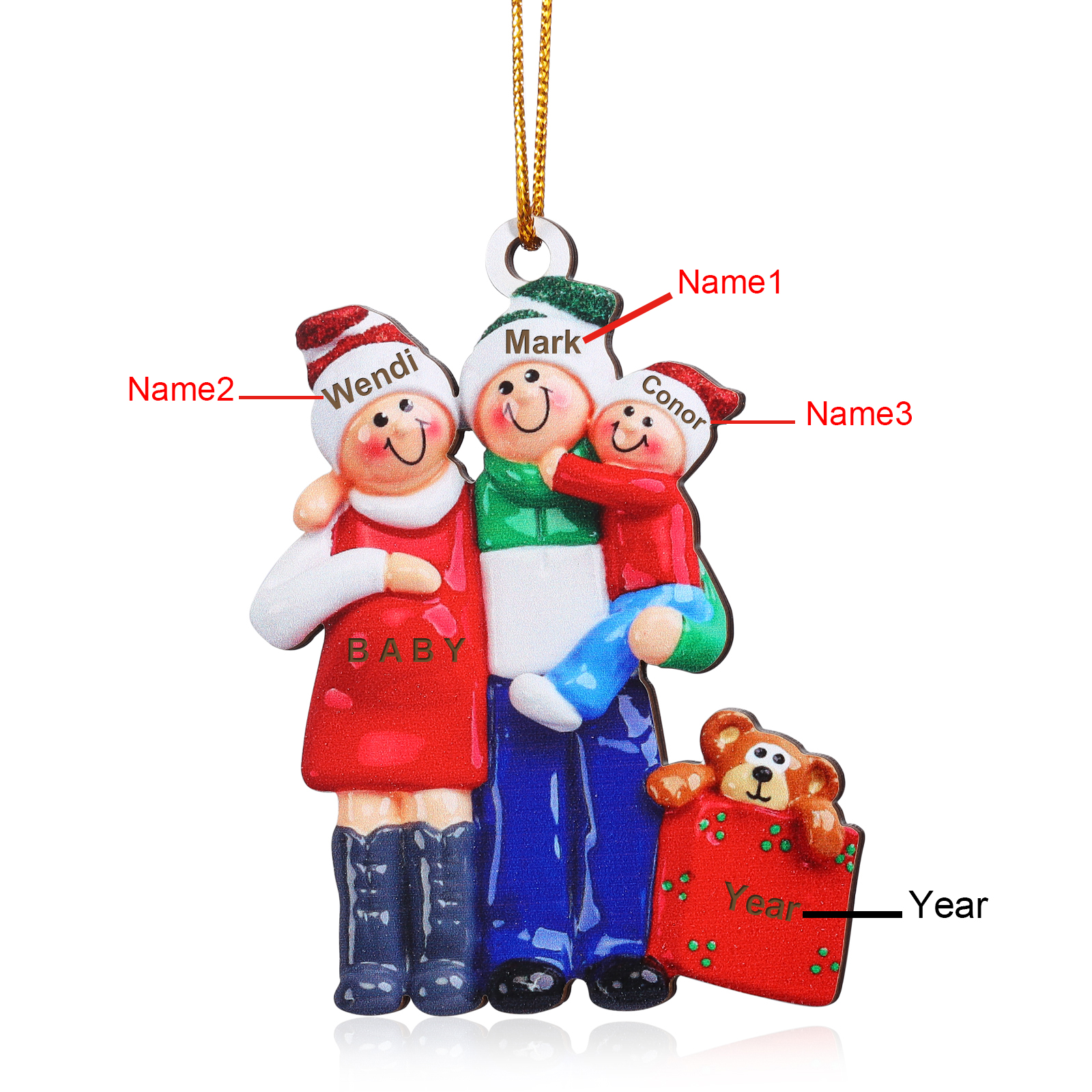 Holz Personalisierter 3 Namen Papa & Mama & Baby Weihnachtsornament – Familie Weihnachtsbaum-Holzanhänger