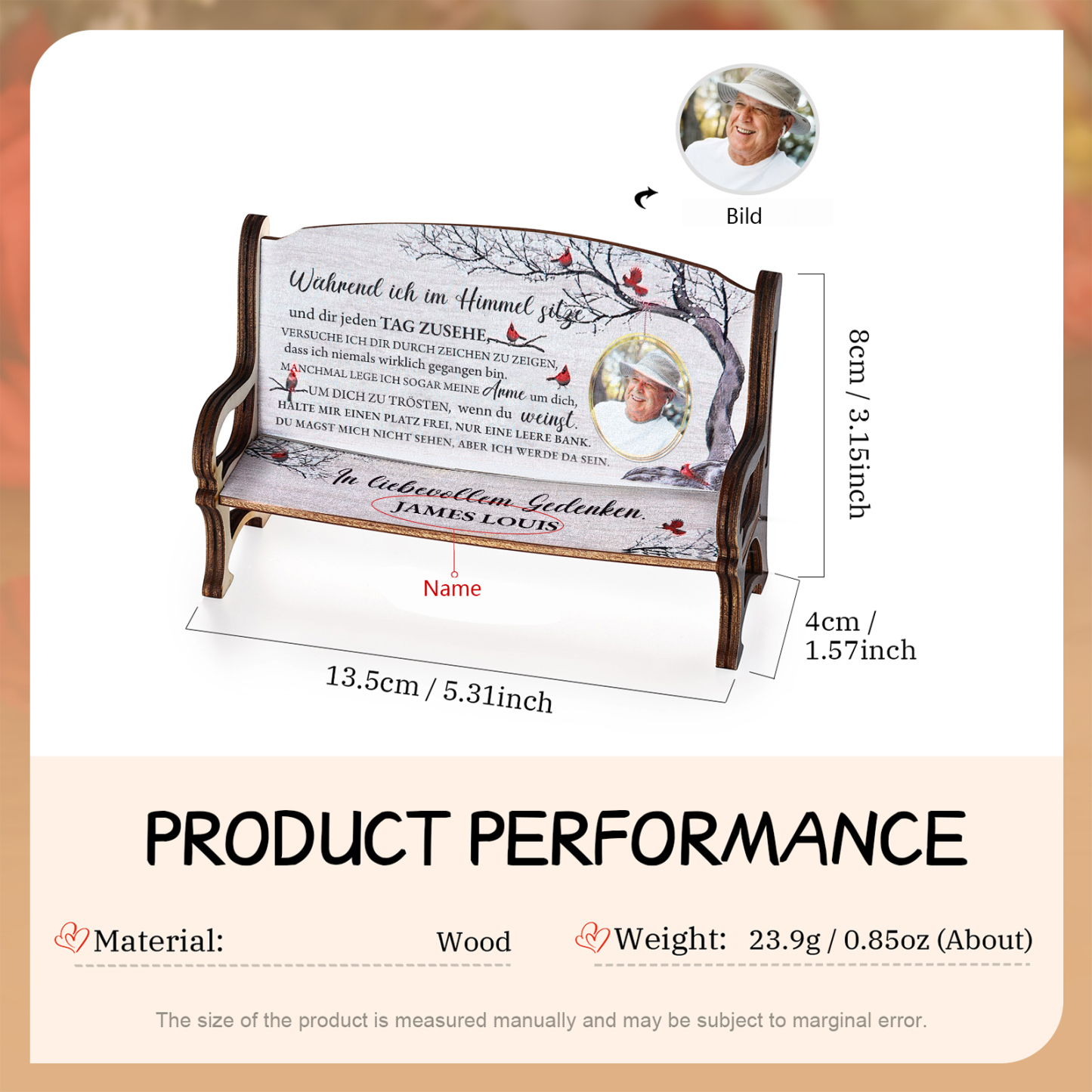 Personalisiertes Foto & 1 Name Trauer Holz-Gedenkbank-Deko - In liebevollem Gedenken - Schreibtischdekoration Holz Ornament