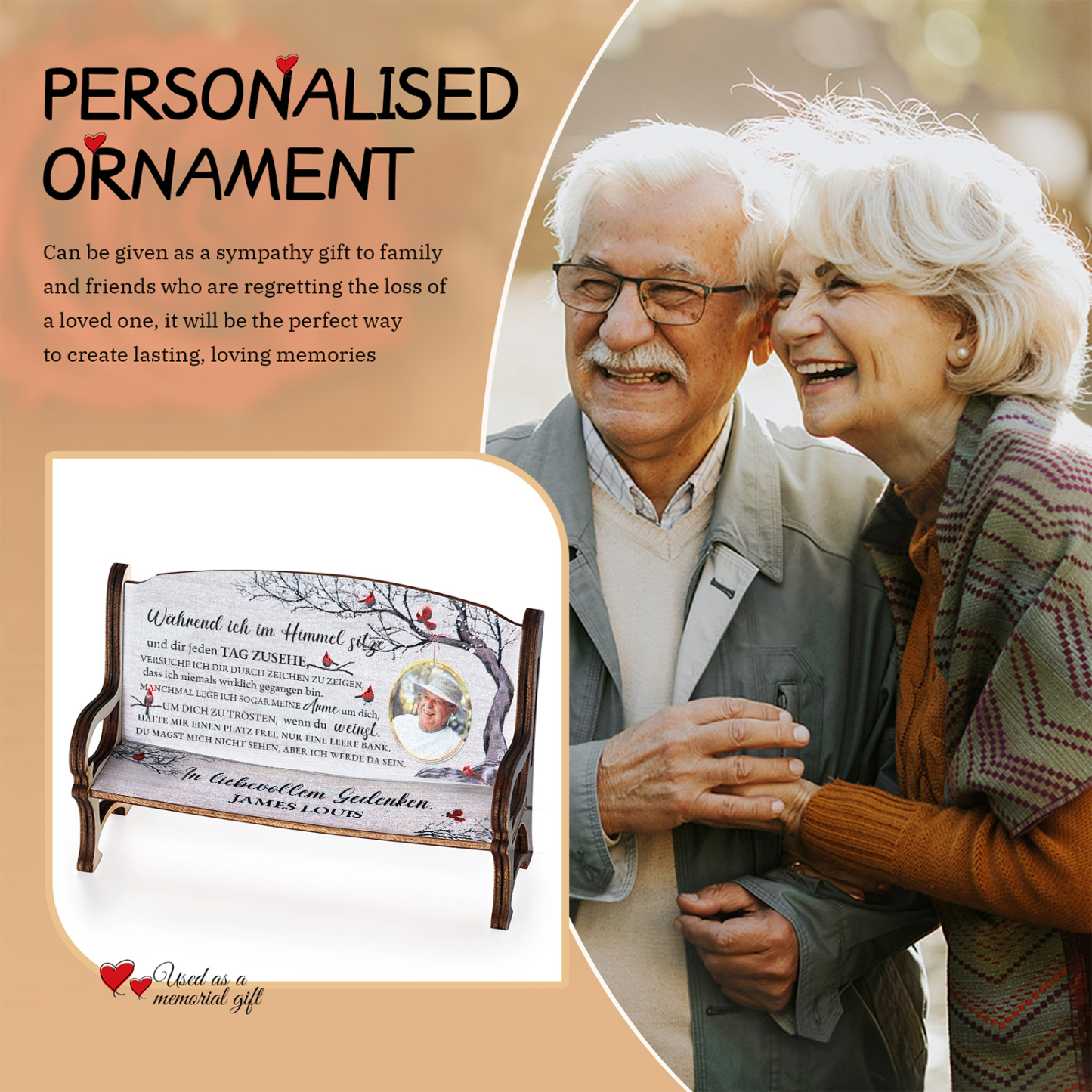 Personalisiertes Foto & 1 Name Trauer Holz-Gedenkbank-Deko - In liebevollem Gedenken - Schreibtischdekoration Holz Ornament