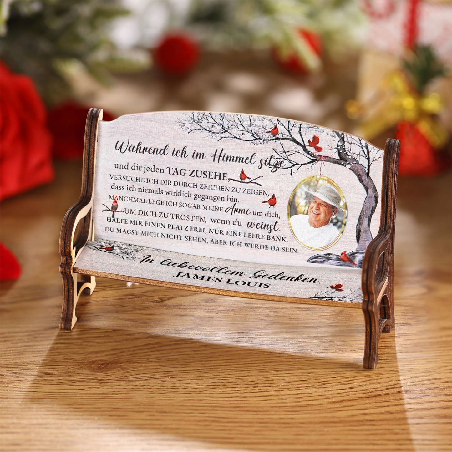Personalisiertes Foto & 1 Name Trauer Holz-Gedenkbank-Deko - In liebevollem Gedenken - Schreibtischdekoration Holz Ornament