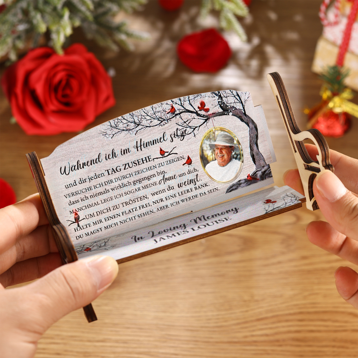 Personalisiertes Foto & 1 Name Trauer Holz-Gedenkbank-Deko - In liebevollem Gedenken - Schreibtischdekoration Holz Ornament