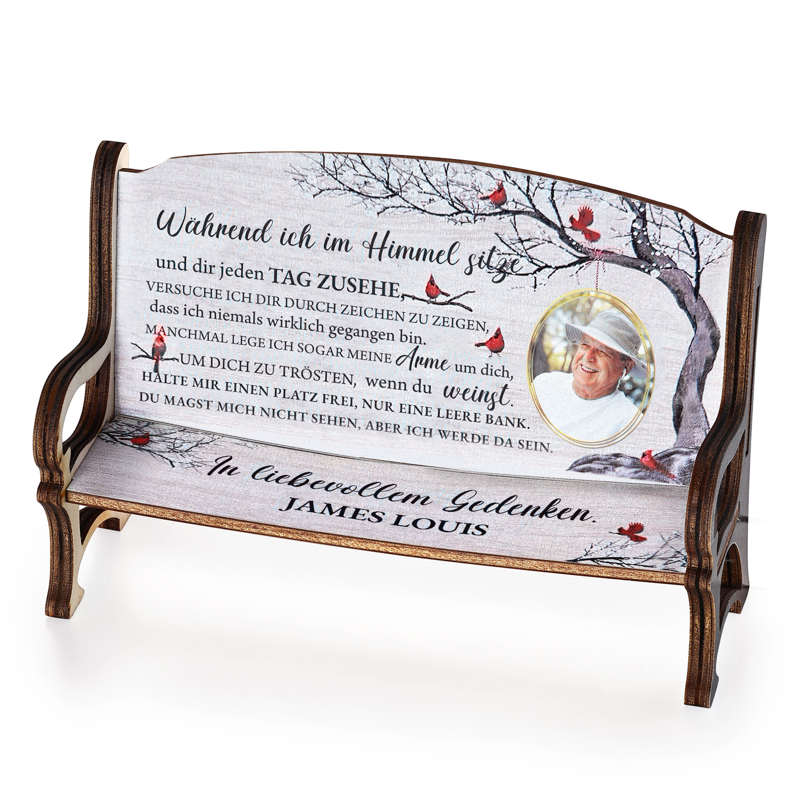 Personalisiertes Foto & 1 Name Trauer Holz-Gedenkbank-Deko - In liebevollem Gedenken - Schreibtischdekoration Holz Ornament