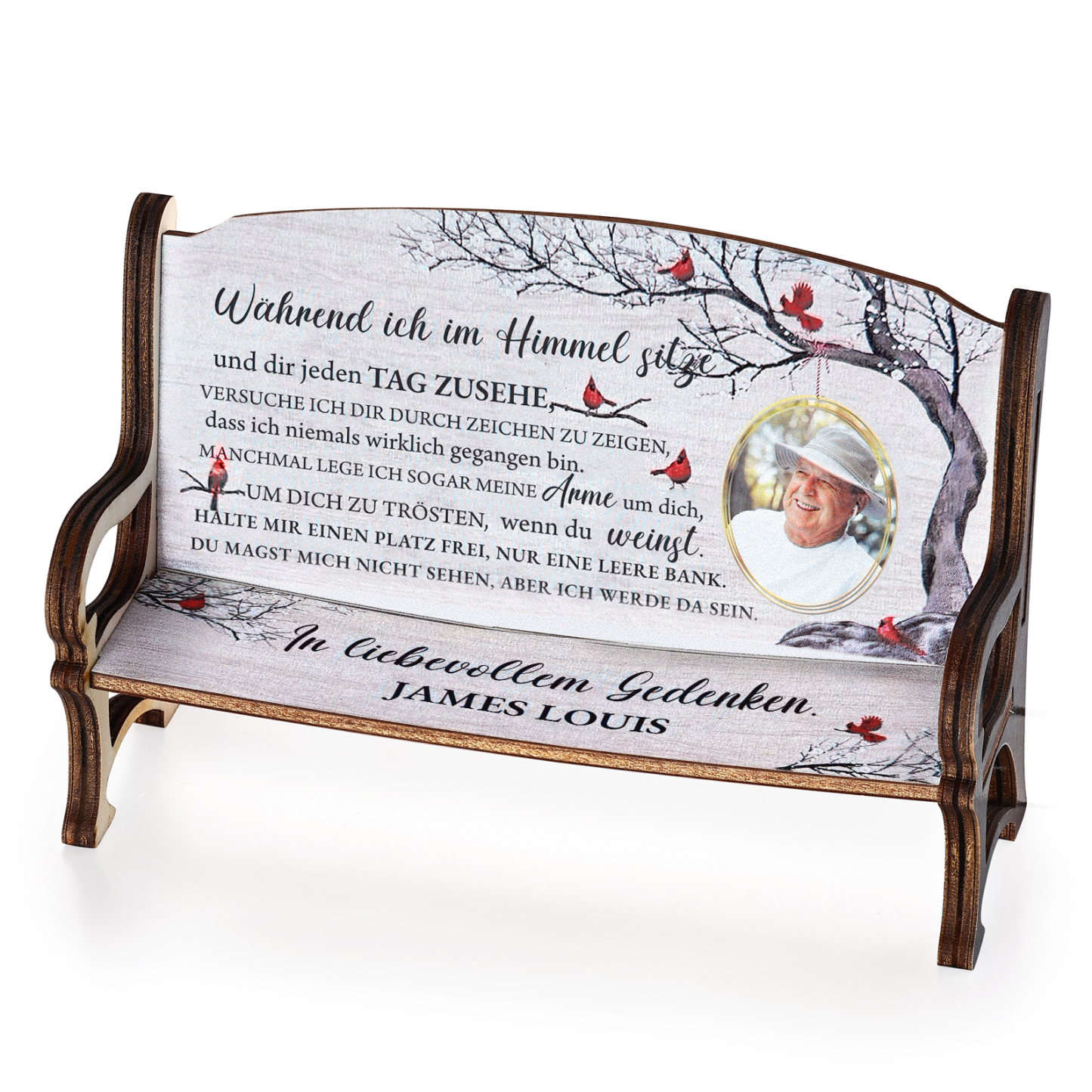 Personalisiertes Foto & 1 Name Trauer Holz-Gedenkbank-Deko - In liebevollem Gedenken - Schreibtischdekoration Holz Ornament