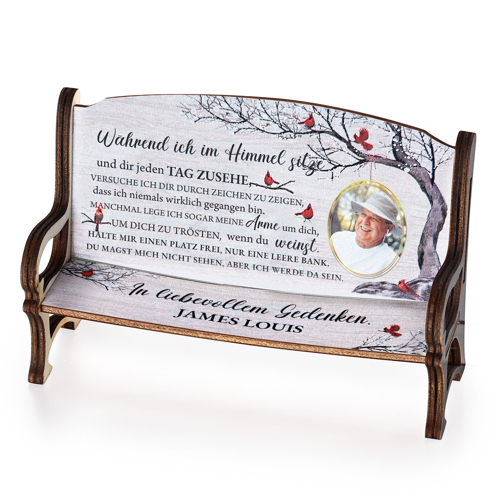 Personalisiertes Foto & 1 Name Trauer Holz-Gedenkbank-Deko - In liebevollem Gedenken - Schreibtischdekoration Holz Ornament