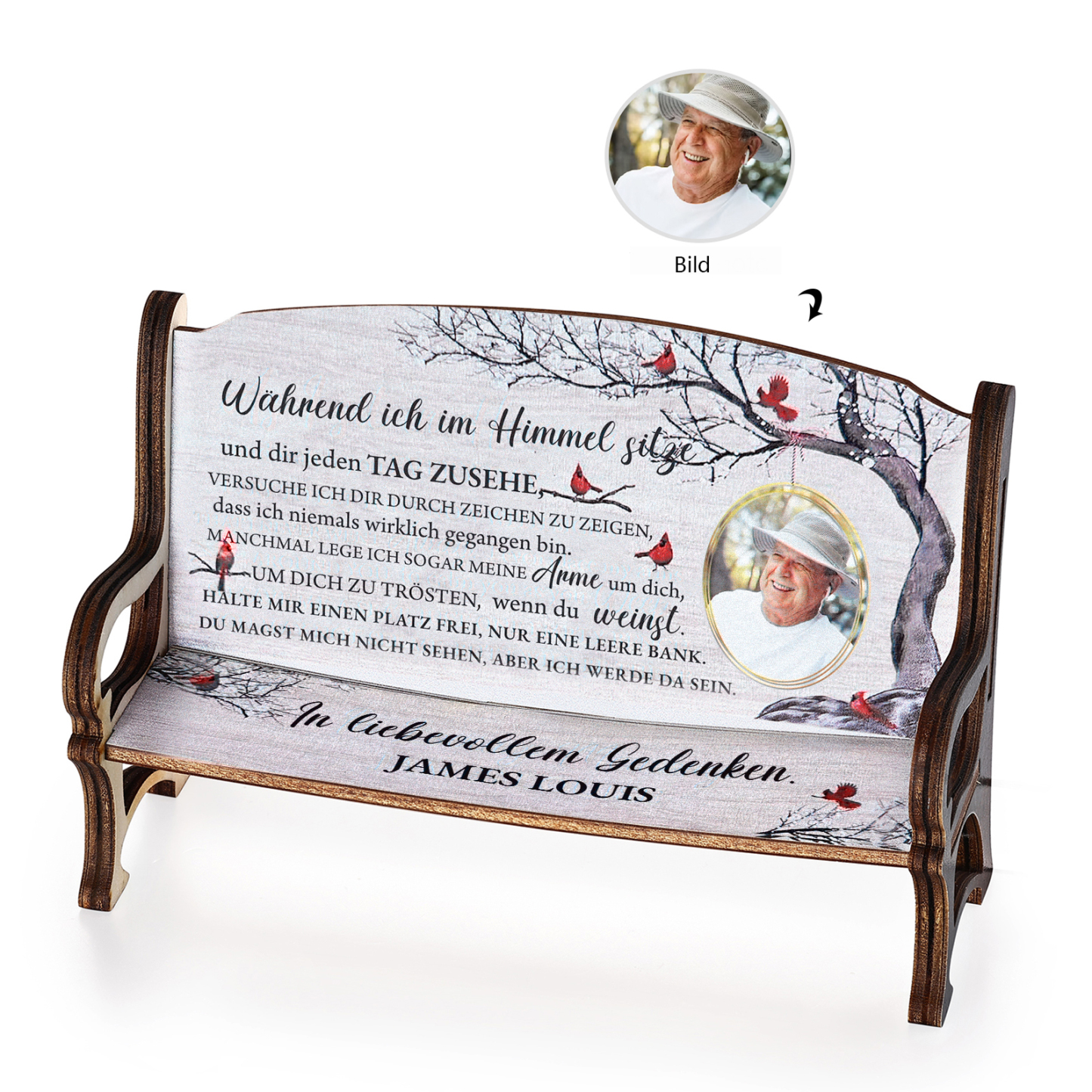 Personalisiertes Foto & 1 Name Trauer Holz-Gedenkbank-Deko - In liebevollem Gedenken - Schreibtischdekoration Holz Ornament