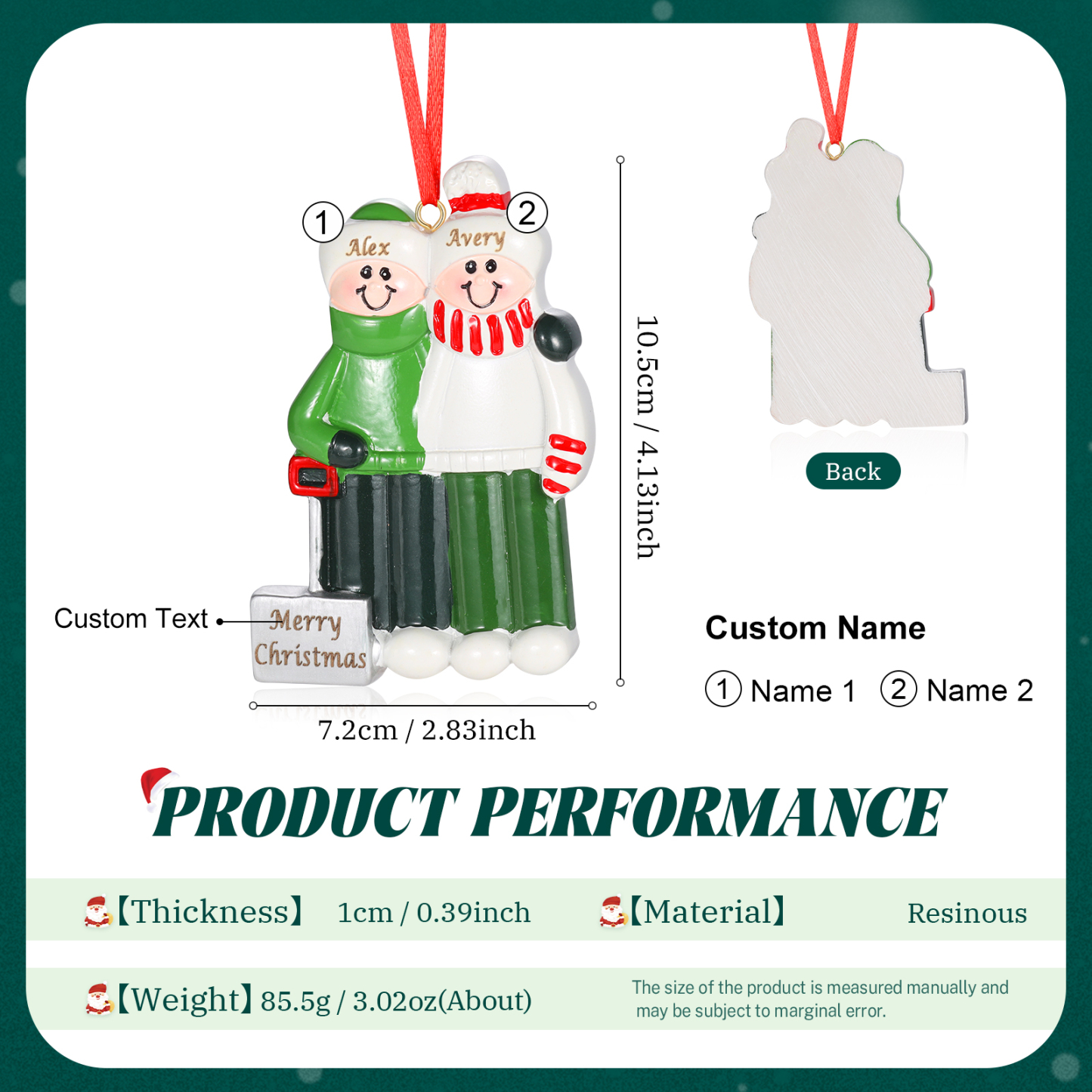 Harz Weihnachtsornament-Personalisierter 2-5 Namen & Text & Jahr Schneeschaufelteam Weihnachtsbaum Anhänger mit 2-5 Familienmitgliedern