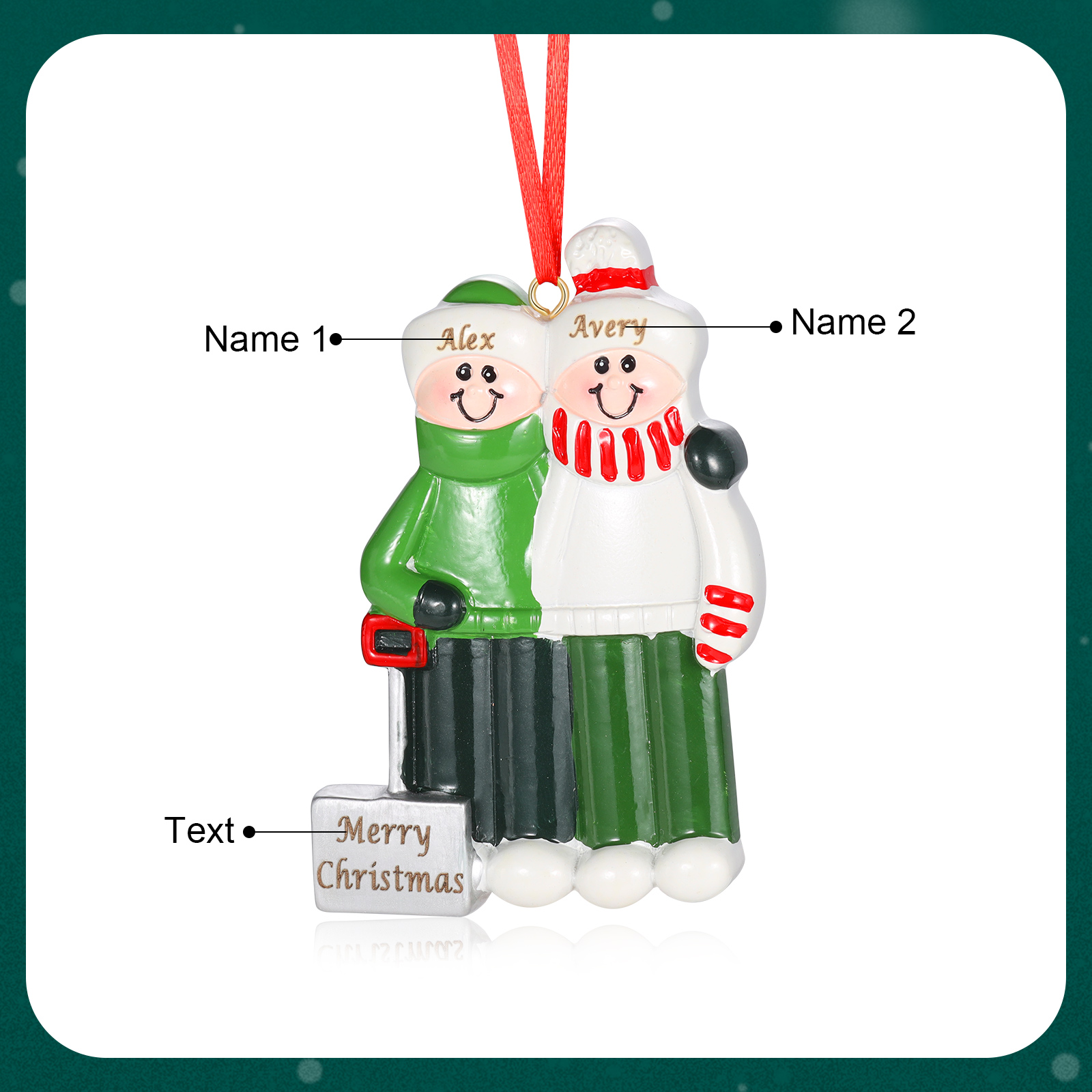 Harz Weihnachtsornament-Personalisierter 2-5 Namen & Text & Jahr Schneeschaufelteam Weihnachtsbaum Anhänger mit 2-5 Familienmitgliedern