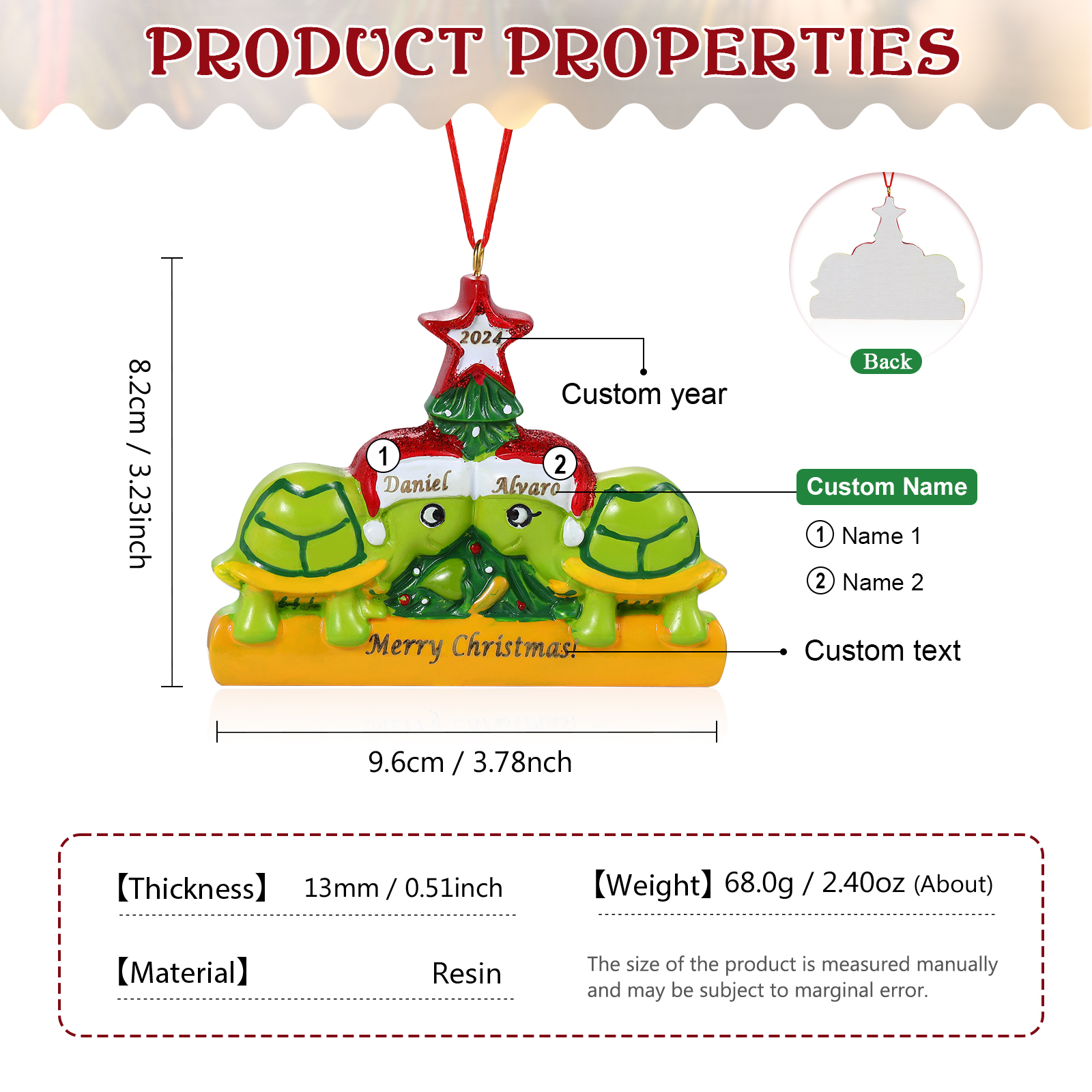 Personalisierter 2-6 Namen & Jahr Weihnachtsornament – Schildkröten Harz Anhänger