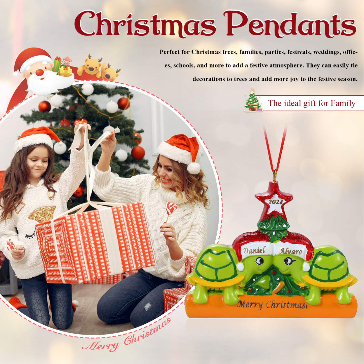 Personalisierter 2-6 Namen & Jahr Weihnachtsornament – Schildkröten Harz Anhänger
