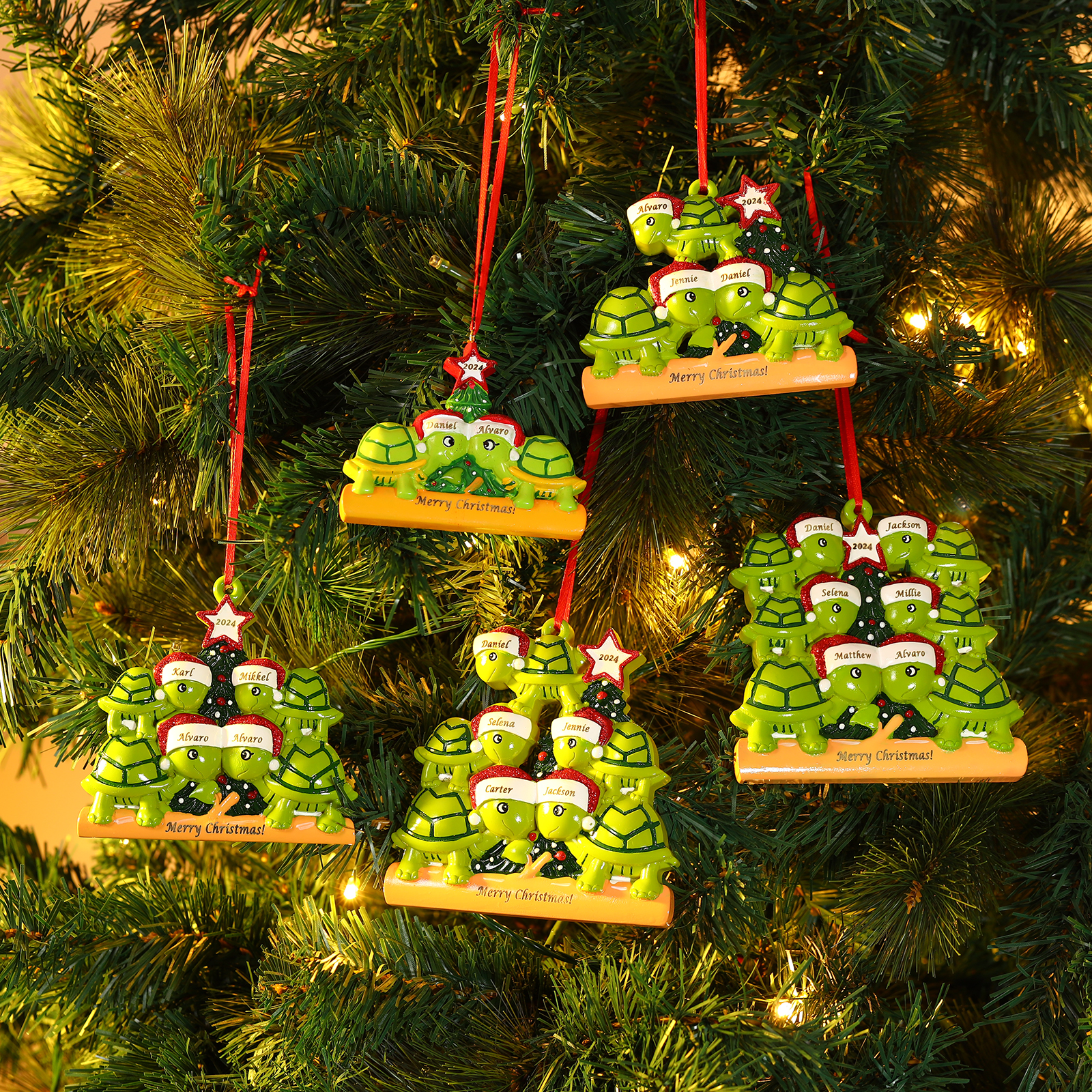 Personalisierter 2-6 Namen & Jahr Weihnachtsornament – Schildkröten Harz Anhänger
