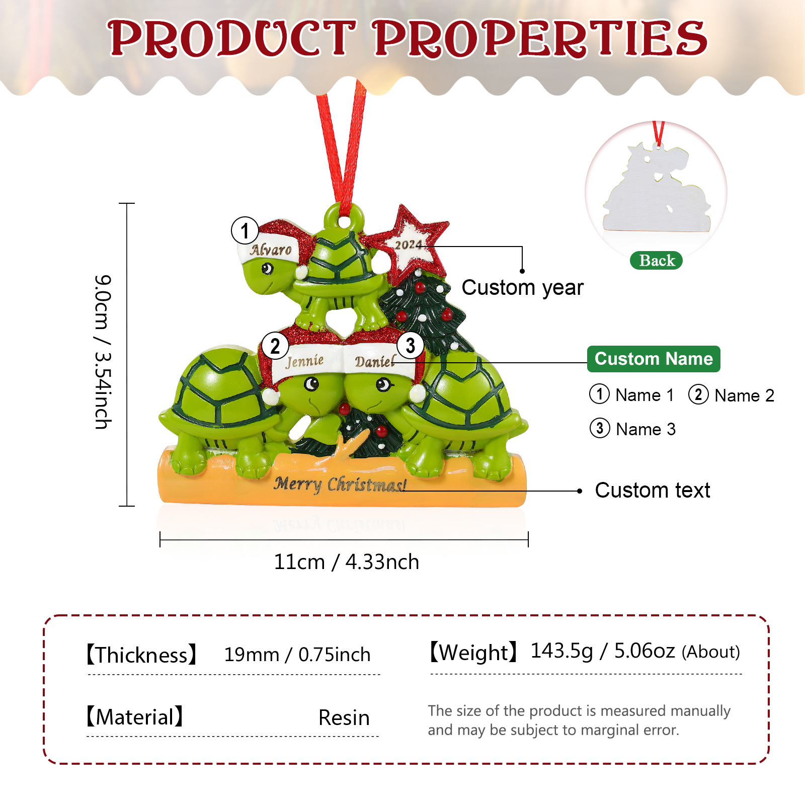 Personalisierter 2-6 Namen & Jahr Weihnachtsornament – Schildkröten Harz Anhänger