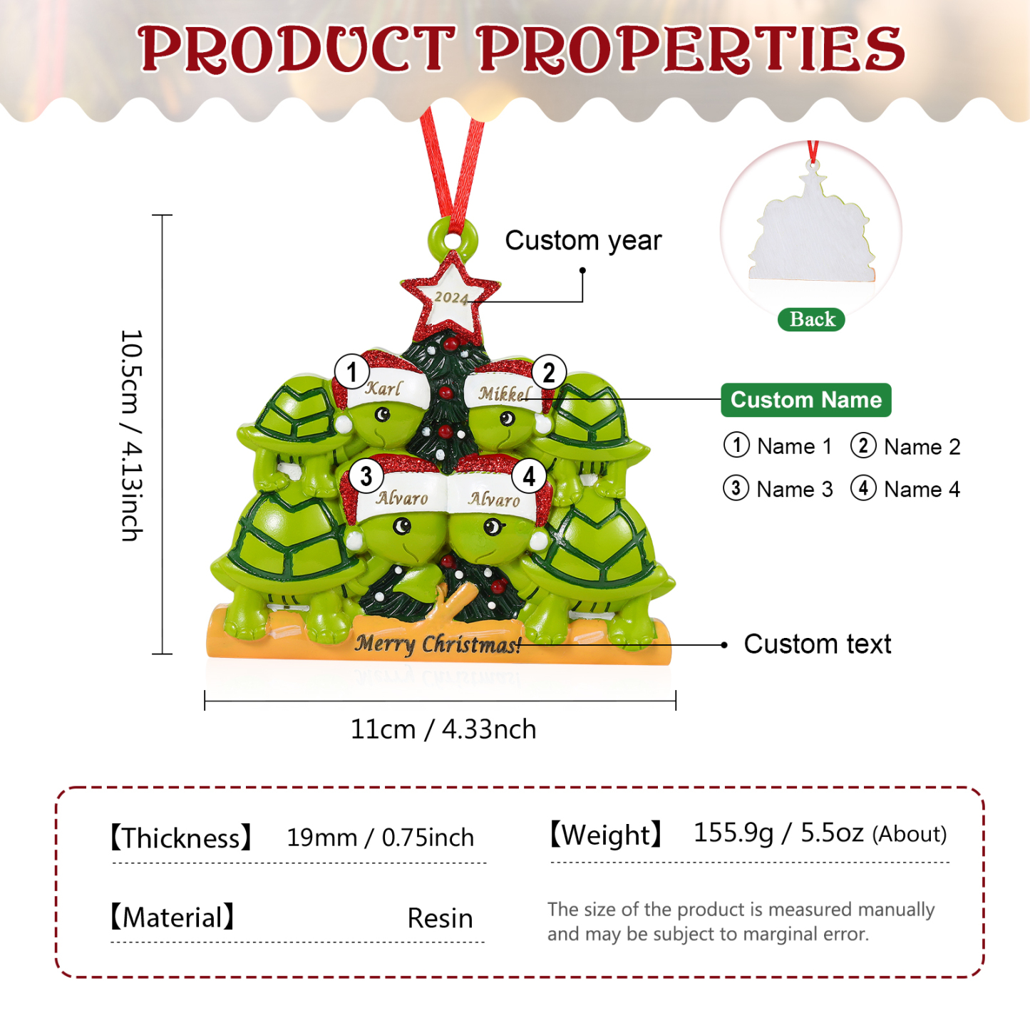 Personalisierter 2-6 Namen & Jahr Weihnachtsornament – Schildkröten Harz Anhänger