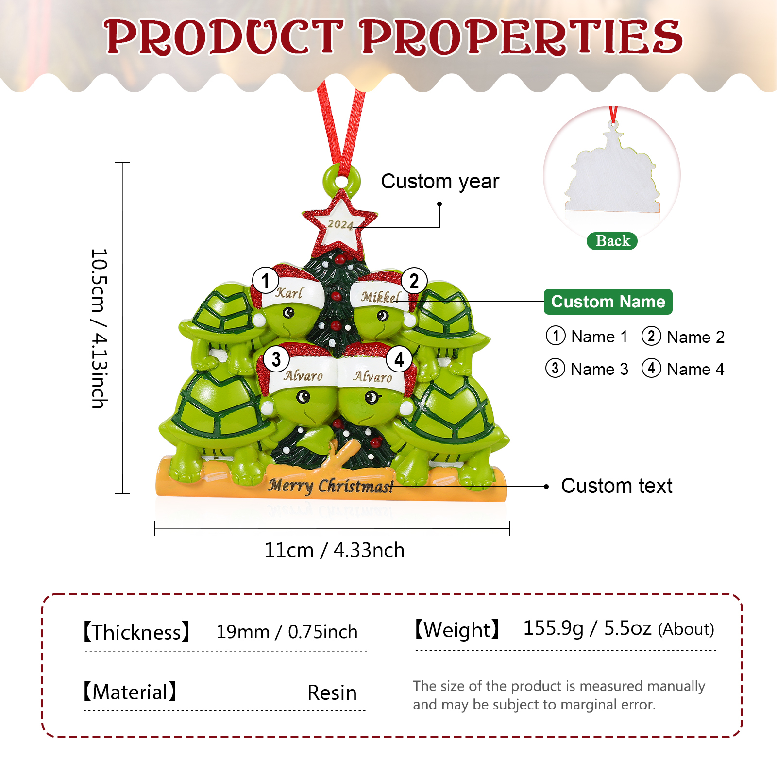 Personalisierter 2-6 Namen & Jahr Weihnachtsornament – Schildkröten Harz Anhänger