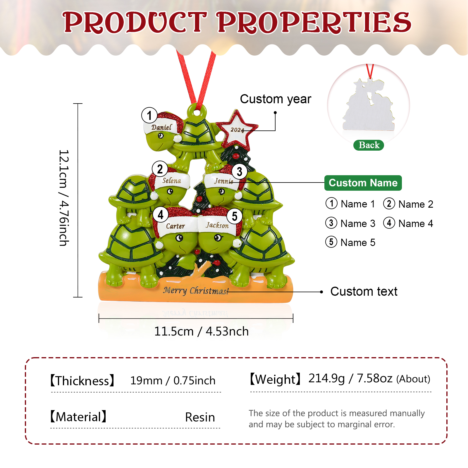 Personalisierter 2-6 Namen & Jahr Weihnachtsornament – Schildkröten Harz Anhänger