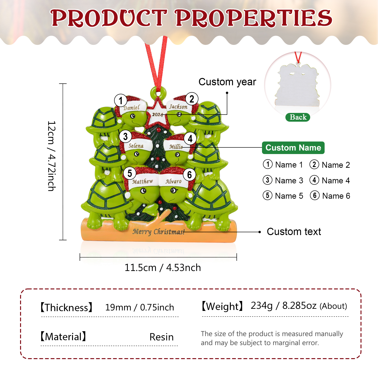 Personalisierter 2-6 Namen & Jahr Weihnachtsornament – Schildkröten Harz Anhänger