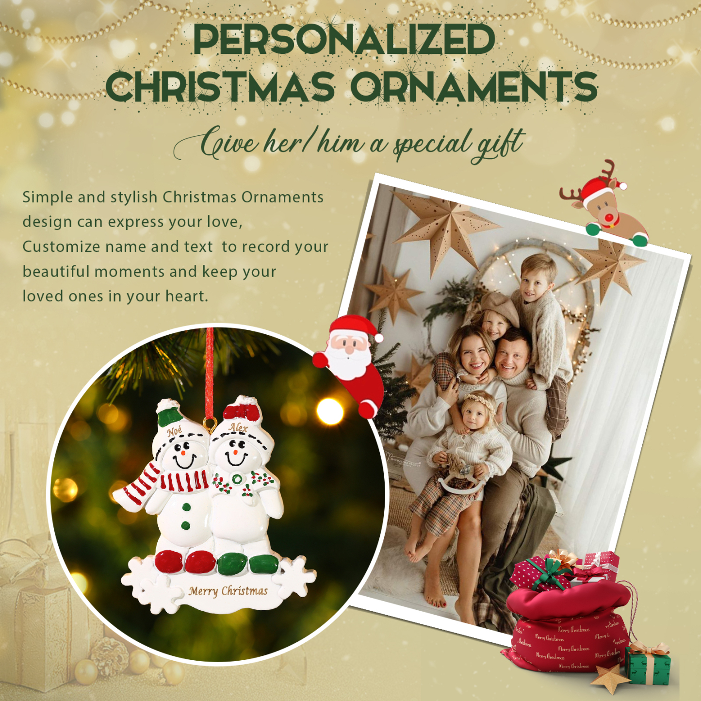 Personalisierter 2-5 Namen & Text Weihnachtsornament – Schneemann-Familie Harz Anhänger