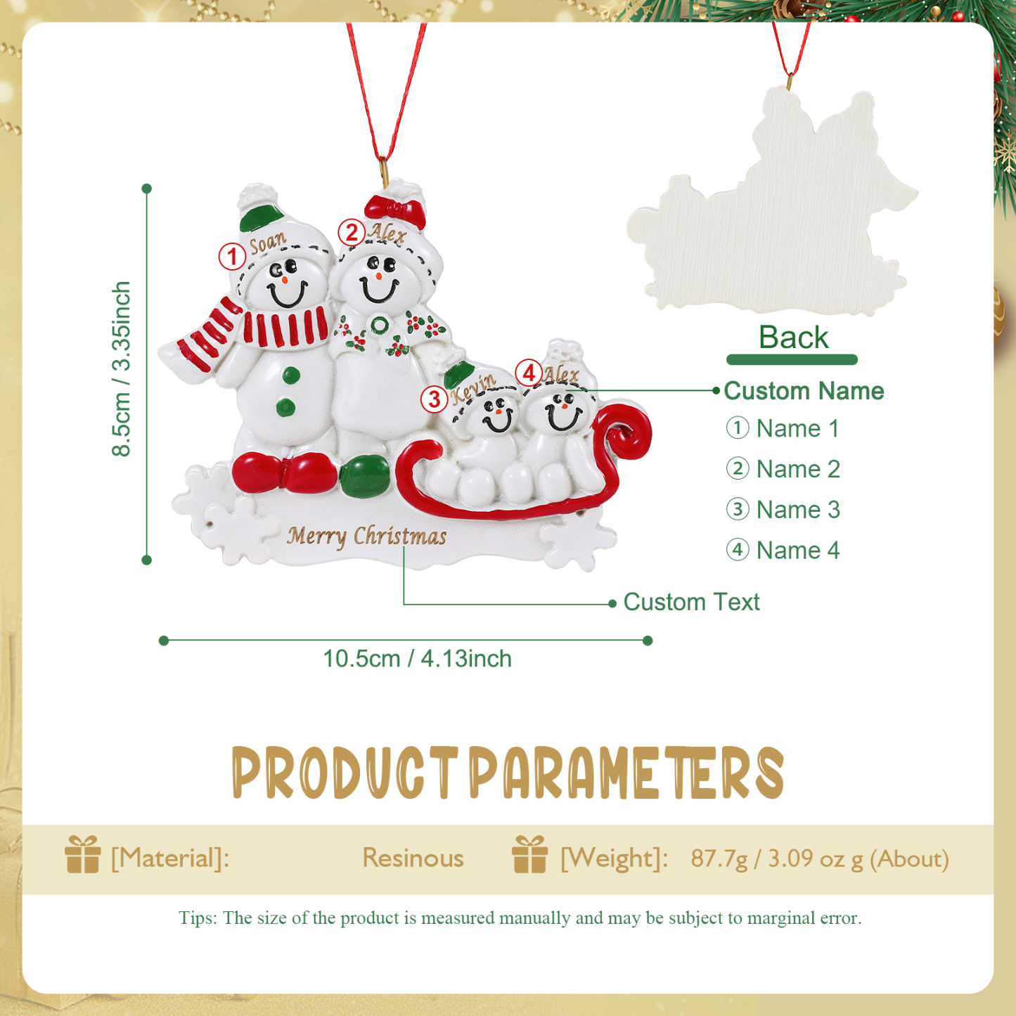 Personalisierter 2-5 Namen & Text Weihnachtsornament – Schneemann-Familie Harz Anhänger