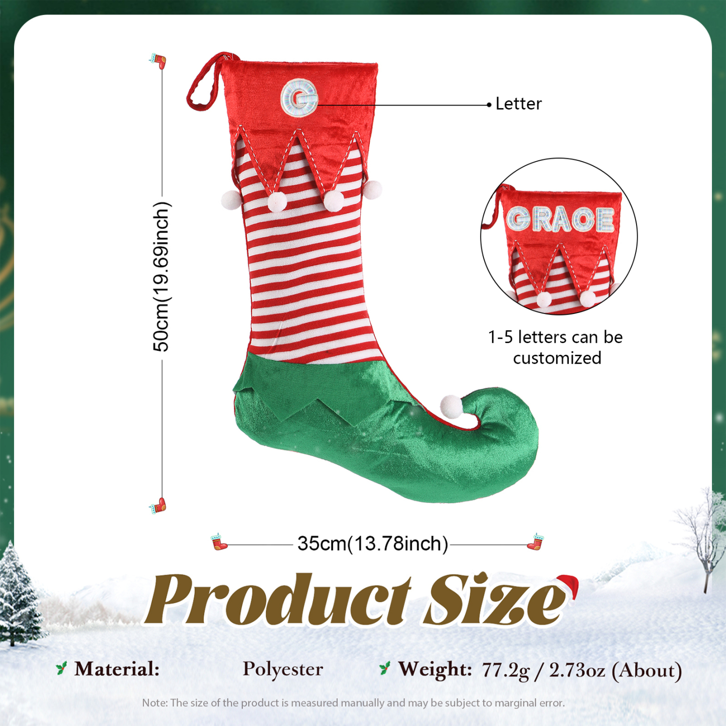 Weihnachtssocke-Personalisierter 1-5 Buchstaben Rot & Grün Polyester Weihnachtsstrumpf mit zwei Mustern