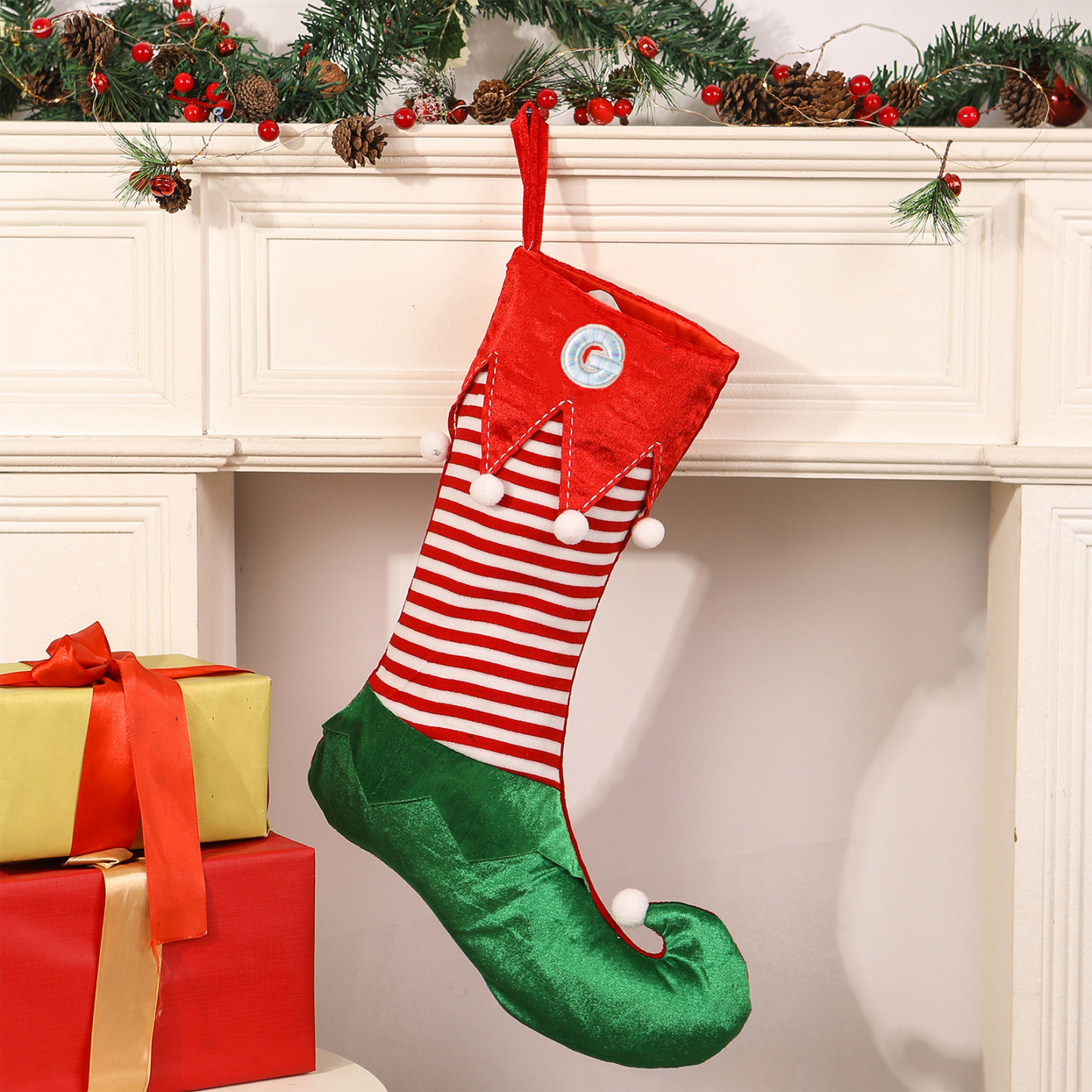 Weihnachtssocke-Personalisierter 1-5 Buchstaben Rot & Grün Polyester Weihnachtsstrumpf mit zwei Mustern