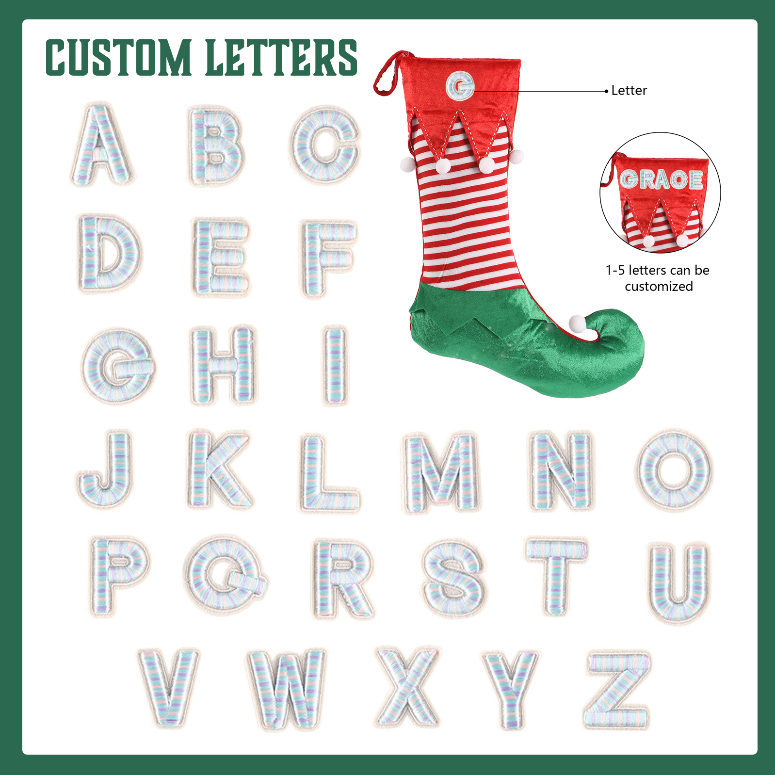 Weihnachtssocke-Personalisierter 1-5 Buchstaben Rot & Grün Polyester Weihnachtsstrumpf mit zwei Mustern