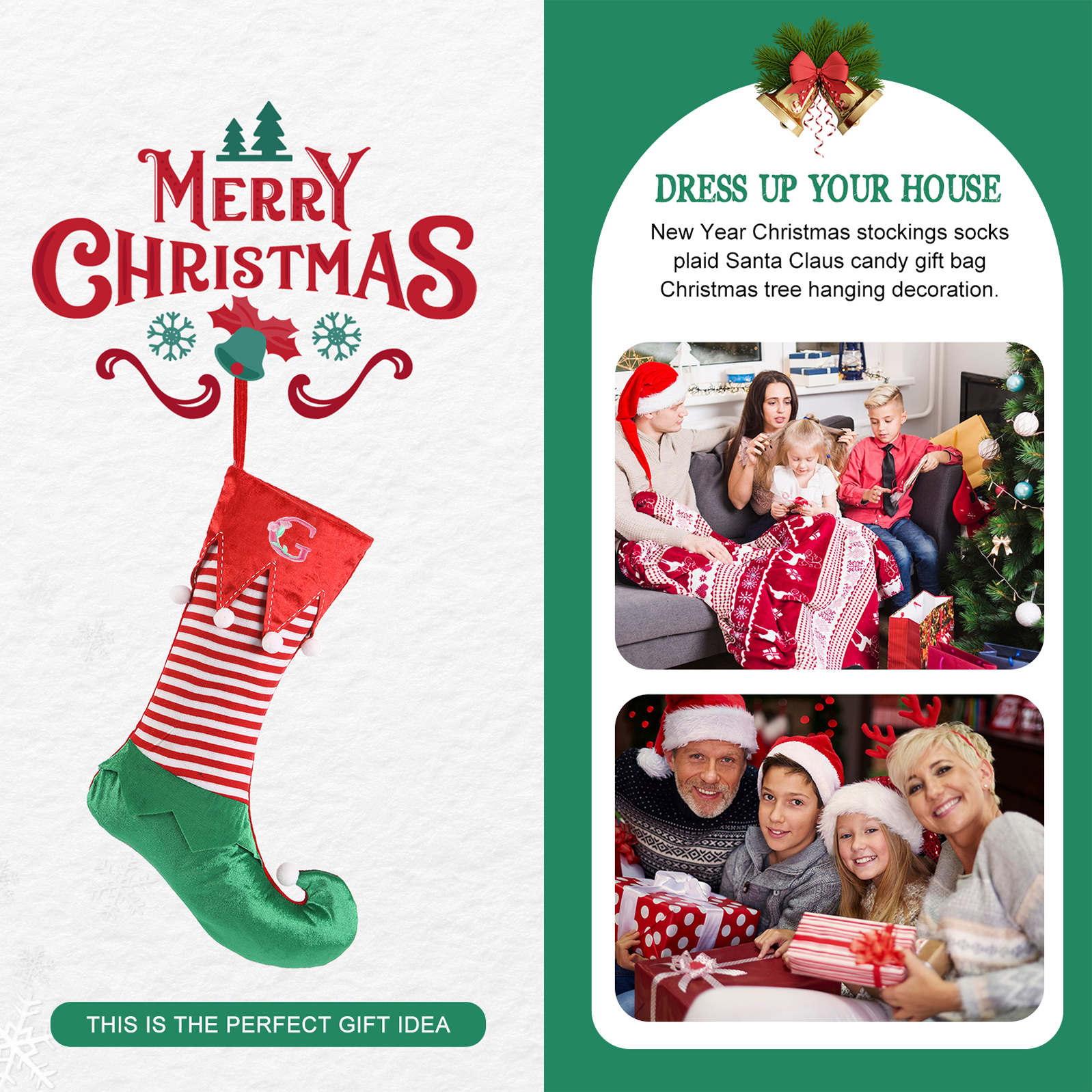 Weihnachtssocke-Personalisierter 1-5 Buchstaben Rot & Grün Polyester Weihnachtsstrumpf mit zwei Mustern