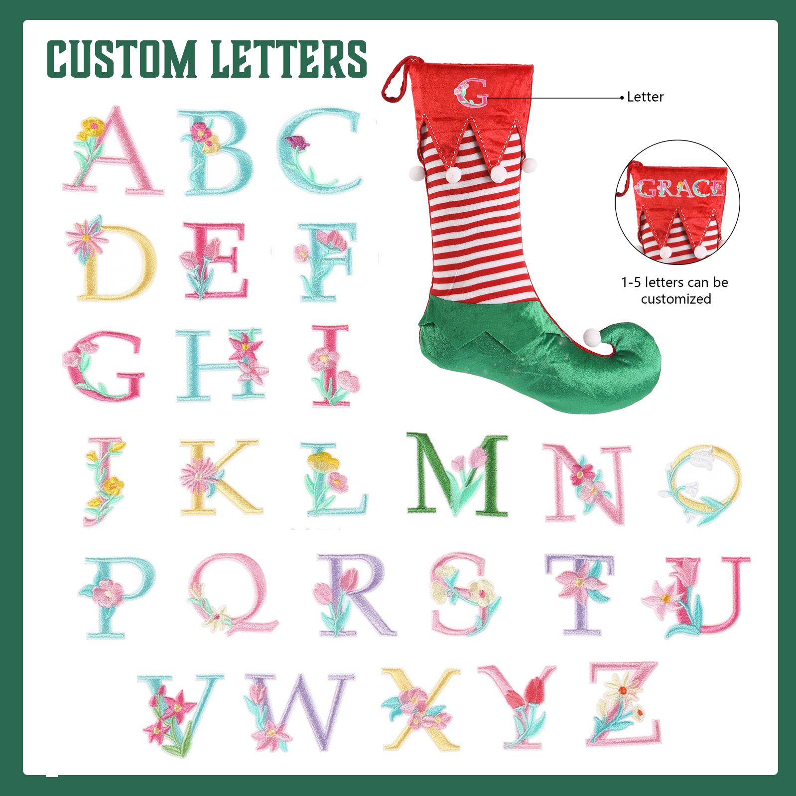 Weihnachtssocke-Personalisierter 1-5 Buchstaben Rot & Grün Polyester Weihnachtsstrumpf mit zwei Mustern