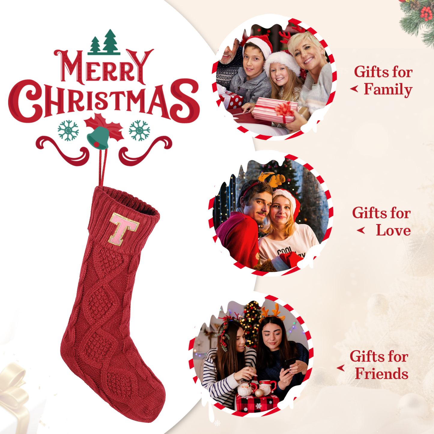 Weihnachtssocke-Personalisierter 1 Buchstabe Strickstoff Weihnachtsstrumpf mit drei Farben