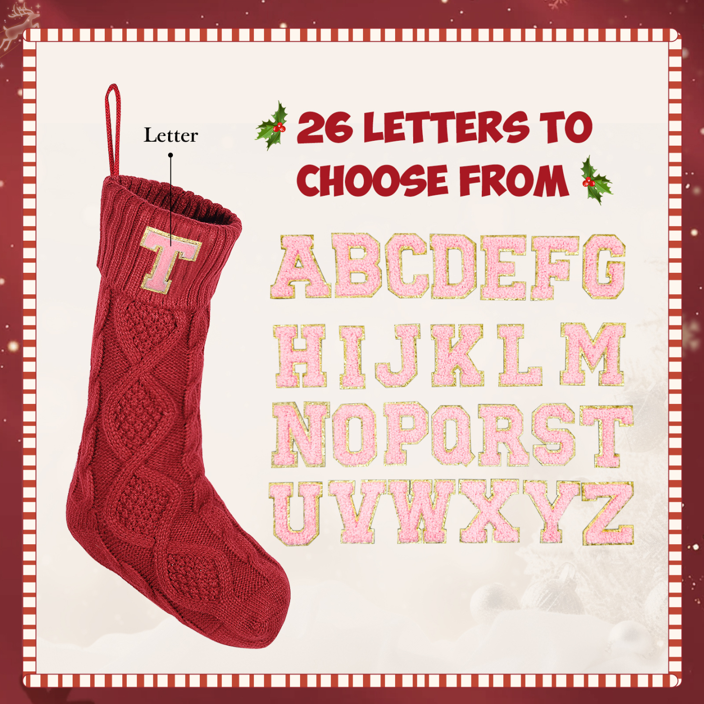 Weihnachtssocke-Personalisierter 1 Buchstabe Strickstoff Weihnachtsstrumpf mit drei Farben