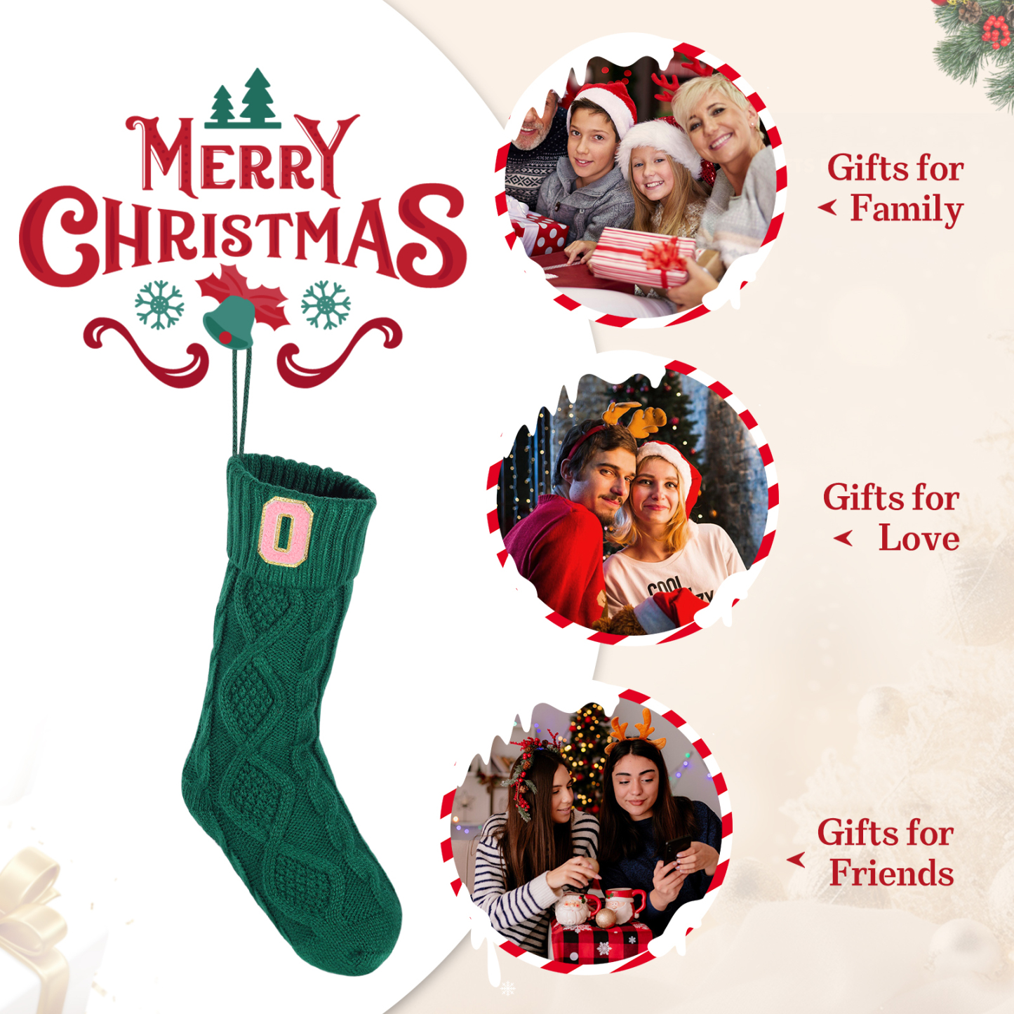 Weihnachtssocke-Personalisierter 1 Buchstabe Strickstoff Weihnachtsstrumpf mit drei Farben