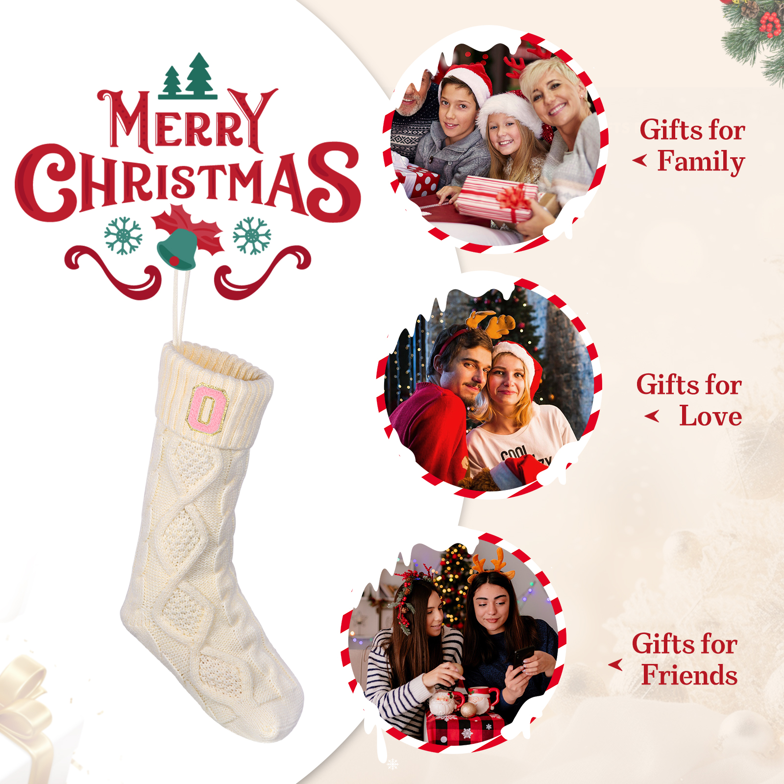 Weihnachtssocke-Personalisierter 1 Buchstabe Strickstoff Weihnachtsstrumpf mit drei Farben