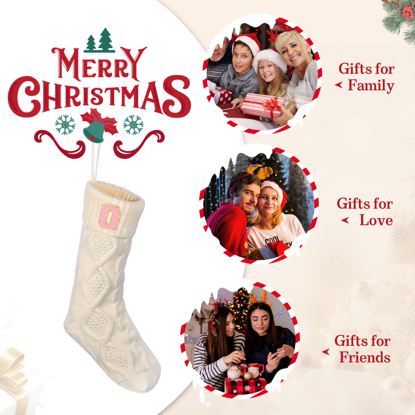 Weihnachtssocke-Personalisierter 1 Buchstabe Strickstoff Weihnachtsstrumpf mit drei Farben